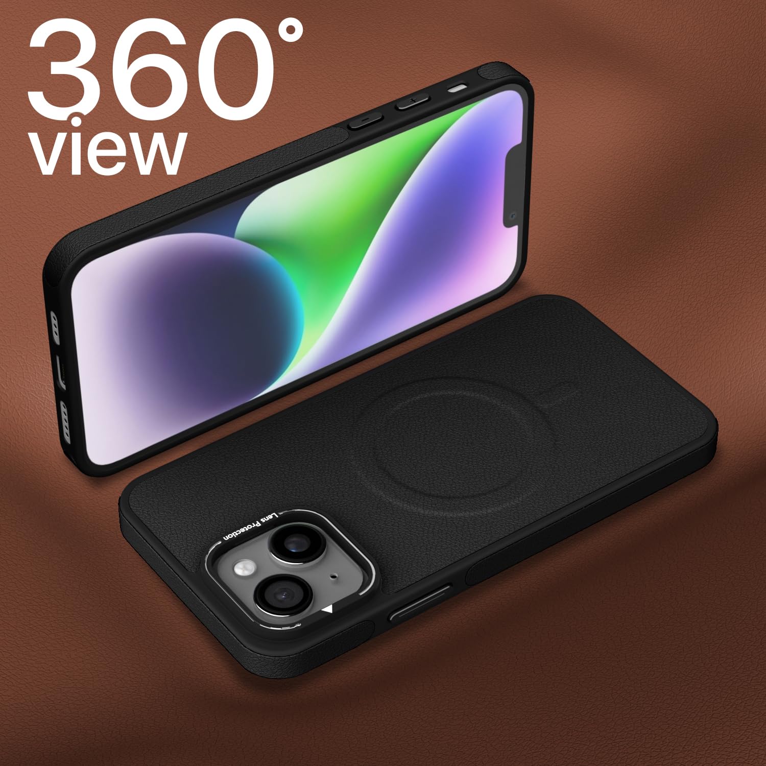 Pikkme iPhone 13 / iPhone 14 Pu Leather with Metal Frame Lens Protection Bumper Case (Black)