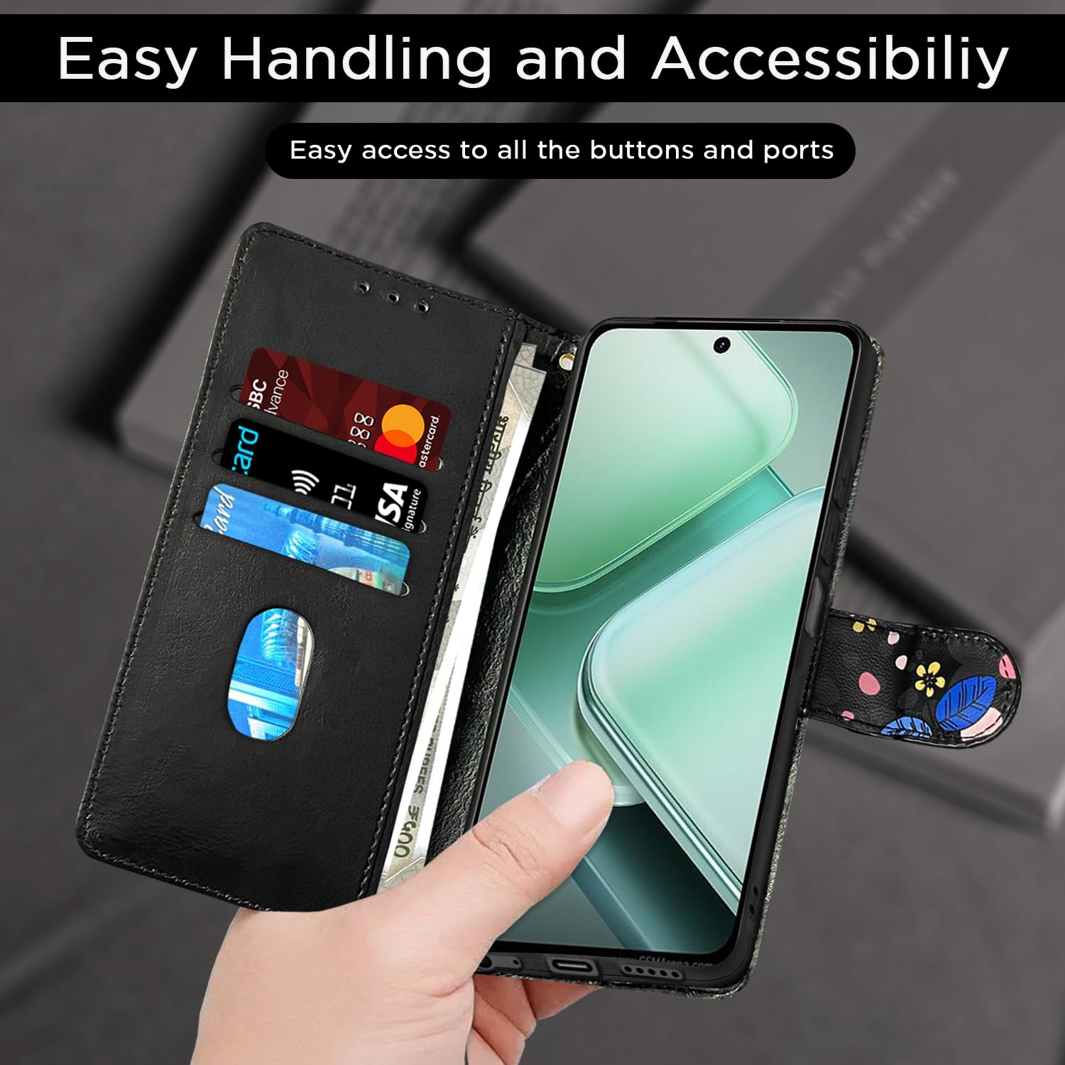 Black flower wallet flip cover for iQOO Z9x 5G – Pikkme – photo 7