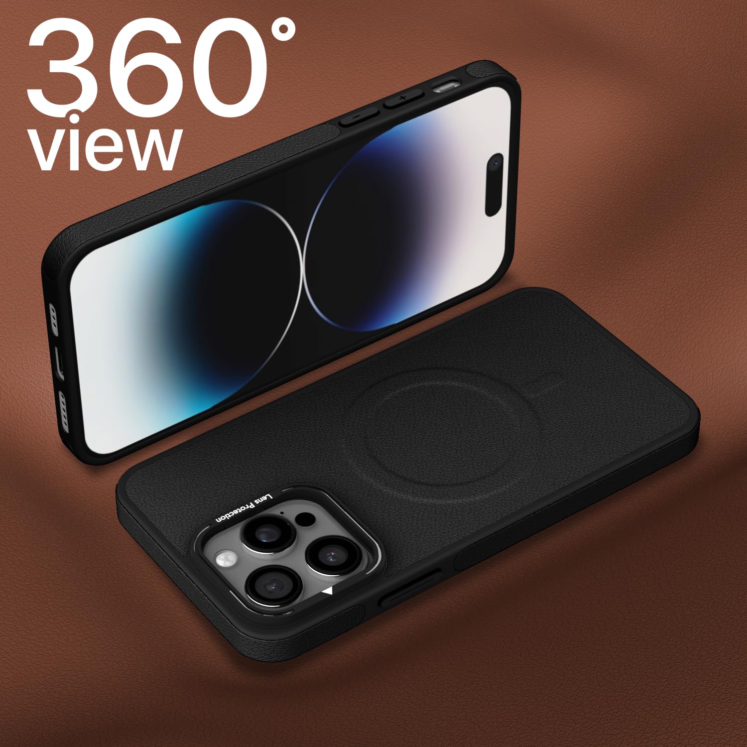 Pikkme iPhone 14 Pro Pu Leather with Metal Frame Lens Protection Bumper Case (Black)