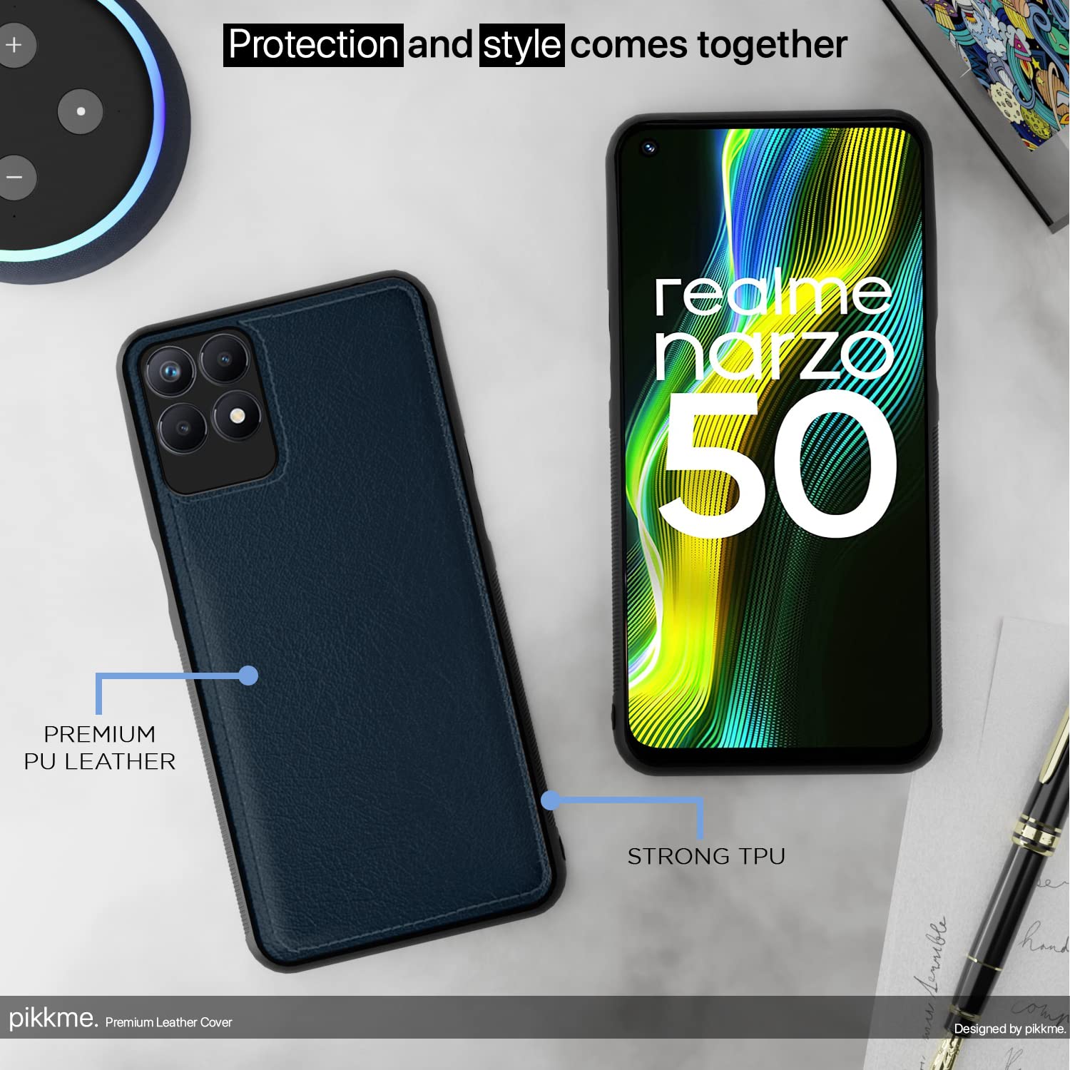Pikkme Realme Narzo 50 4G / Realme 8i 4G Leatherback Back Case | Blue