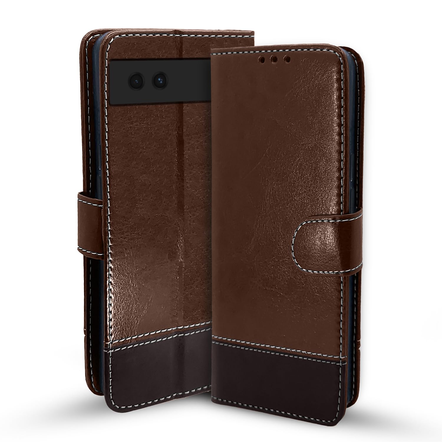 Google Pixel 6a Magnetic wallet flip cover in brown & coffee by Pikkme