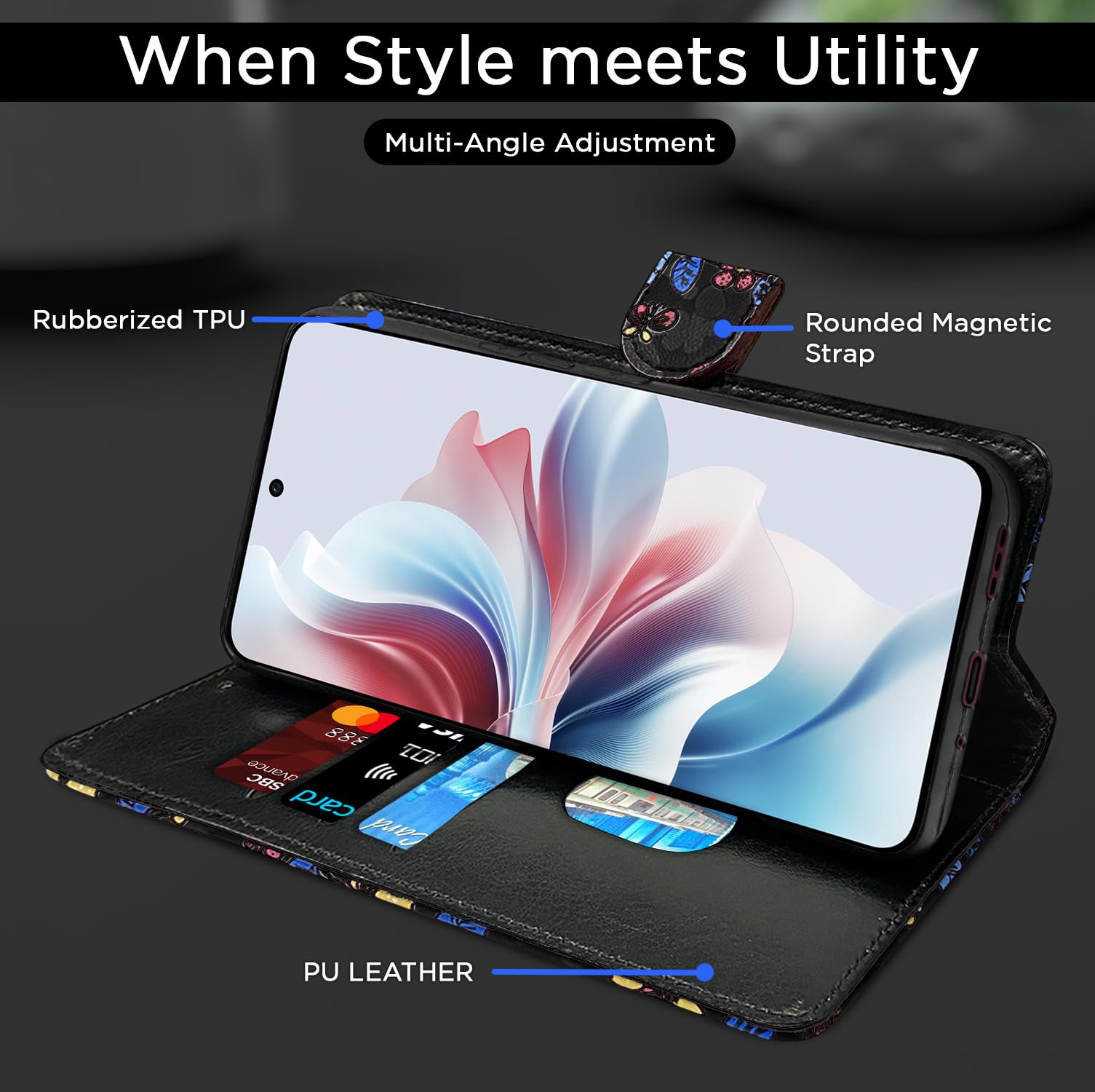 OPPO F25 Pro 5G Wallet flip cover in black flower by Pikkme – photo 5