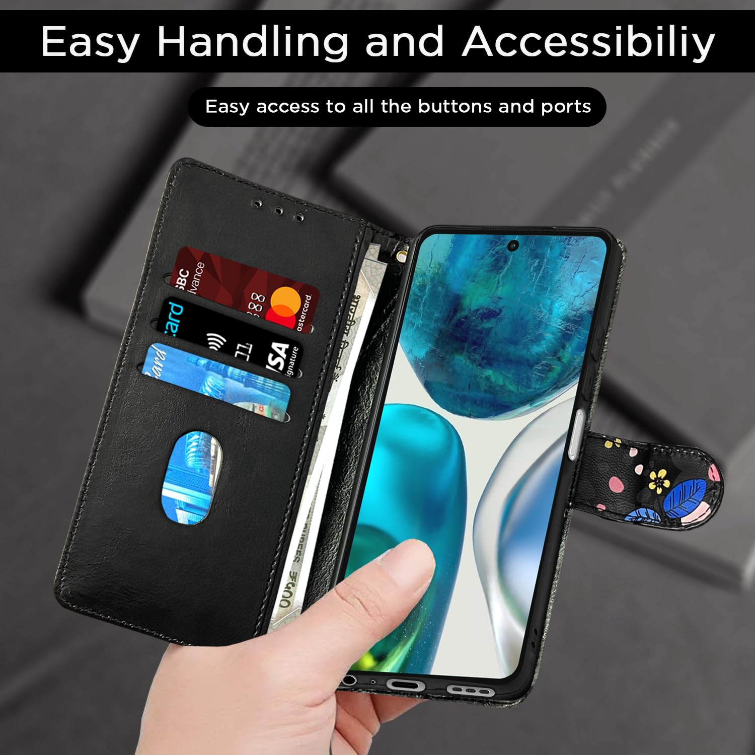 Pikkme Moto G52/G82 5G Wallet black flower flip cover – photo 7