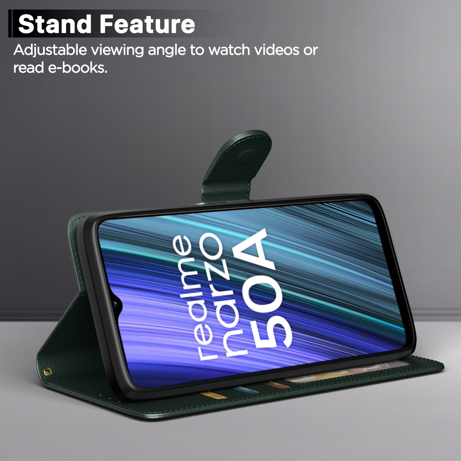 Realme Narzo 50A Wallet flip cover in green by Pikkme – photo 3