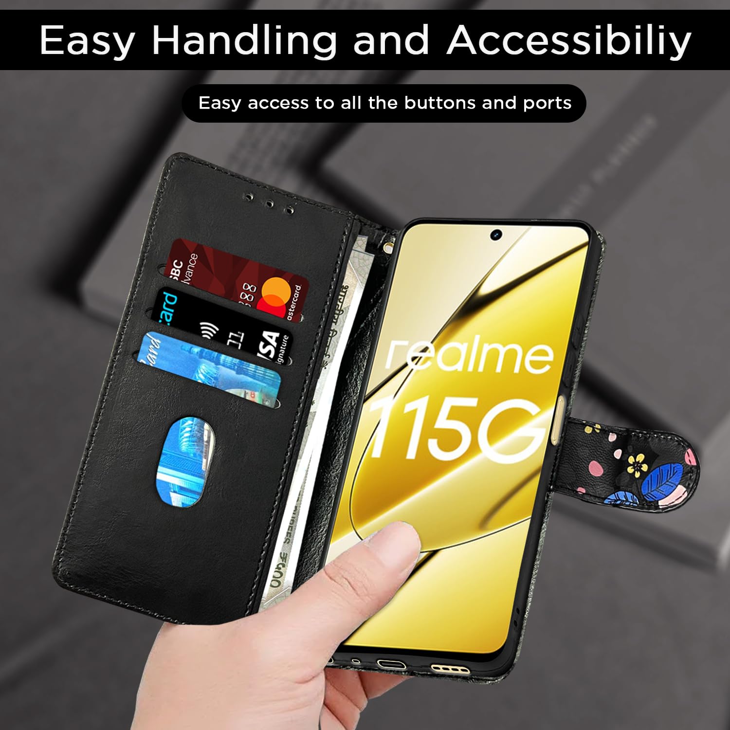 Realme 11/11X/Narzo 60X 5G Wallet flip case in black flower by Pikkme – photo 7