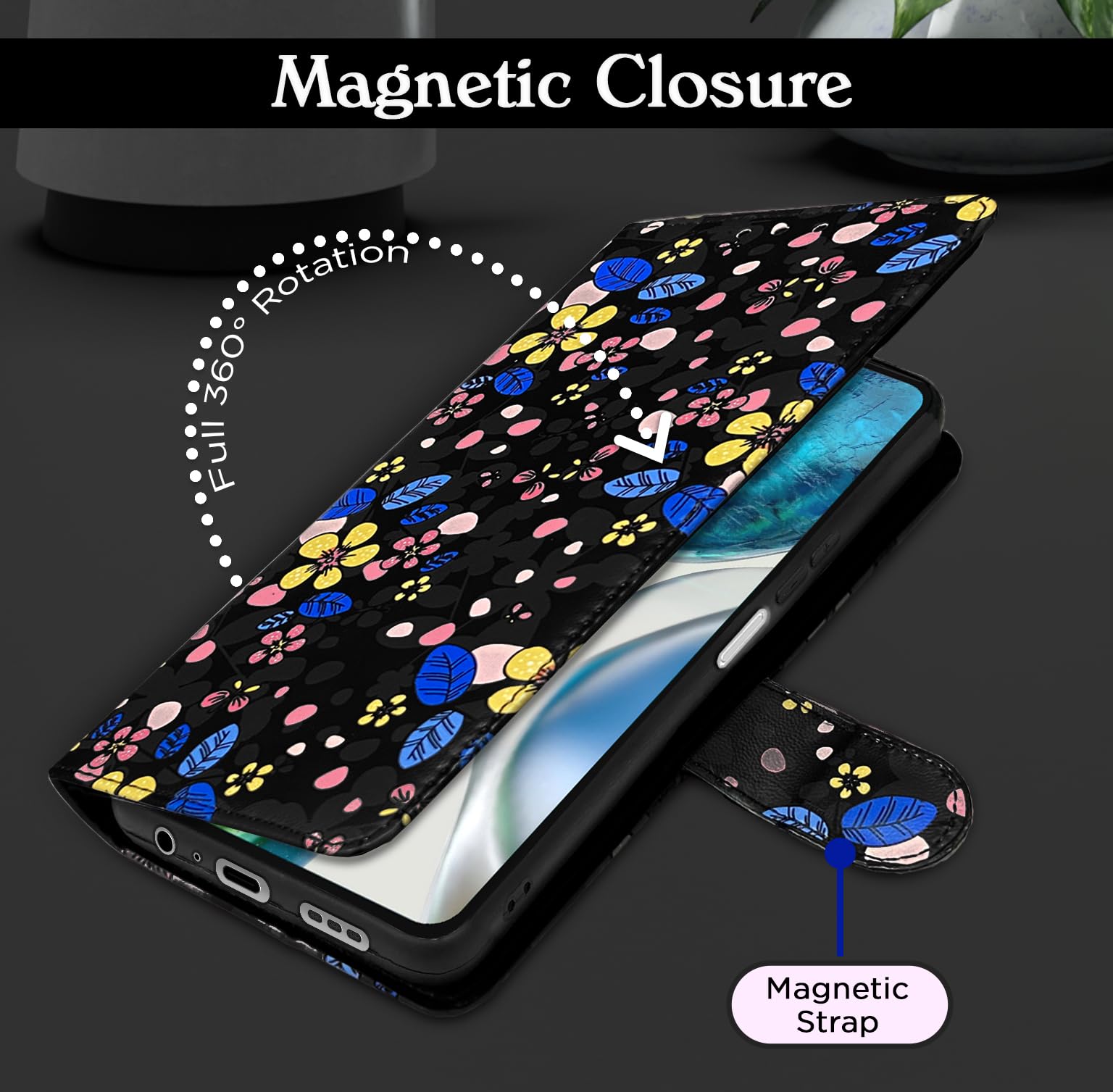 Pikkme black flower Wallet flip cover for Moto G52/G82 5G – photo 2