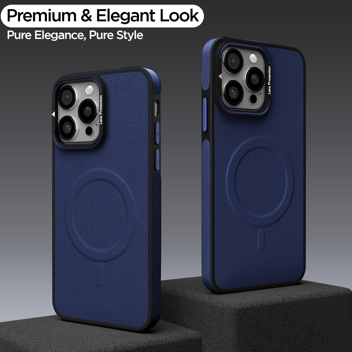 Pikkme iPhone 14 Pro Pu Leather with Metal Frame Lens Protection Bumper Case (Blue)
