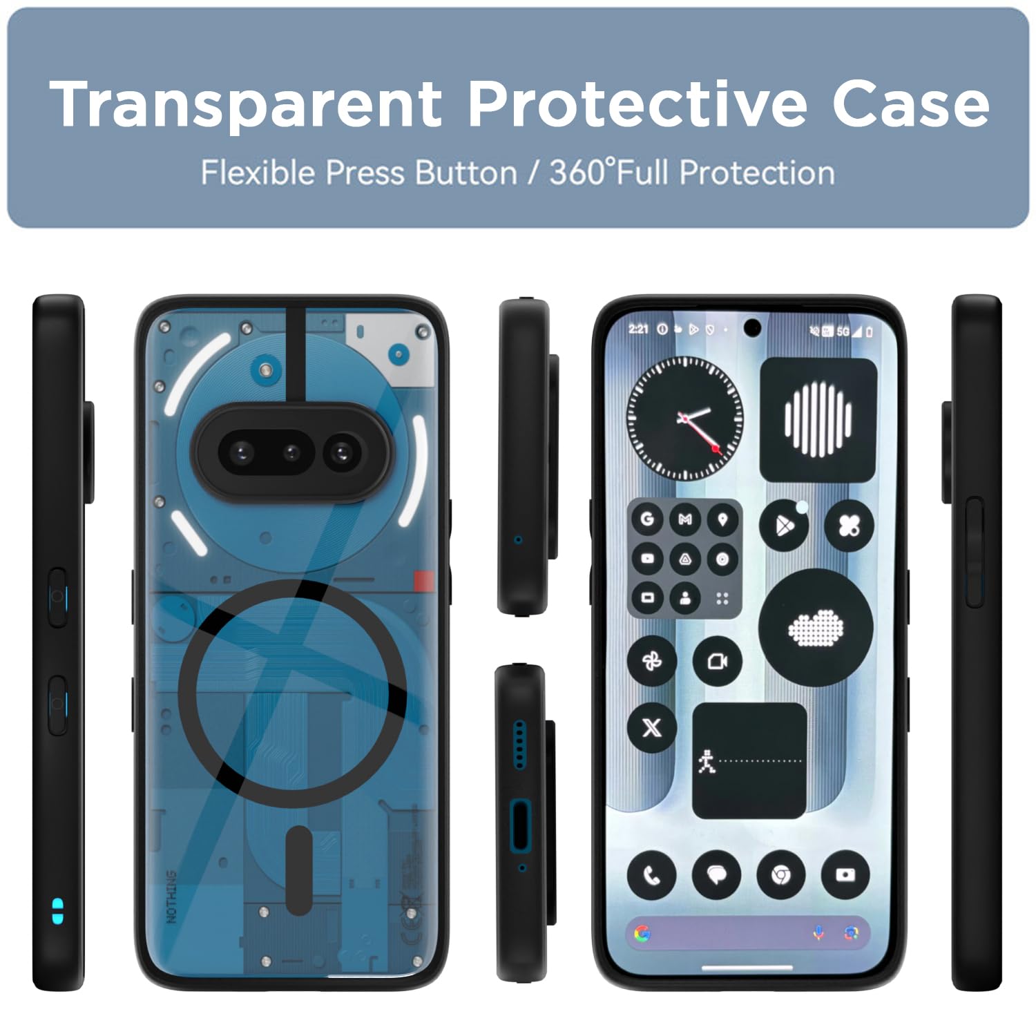 Pikkme Nothing Phone 3a 5G Eagle 2 Mag-Safe Shockproof Hard Transparent Back Cover (Black)