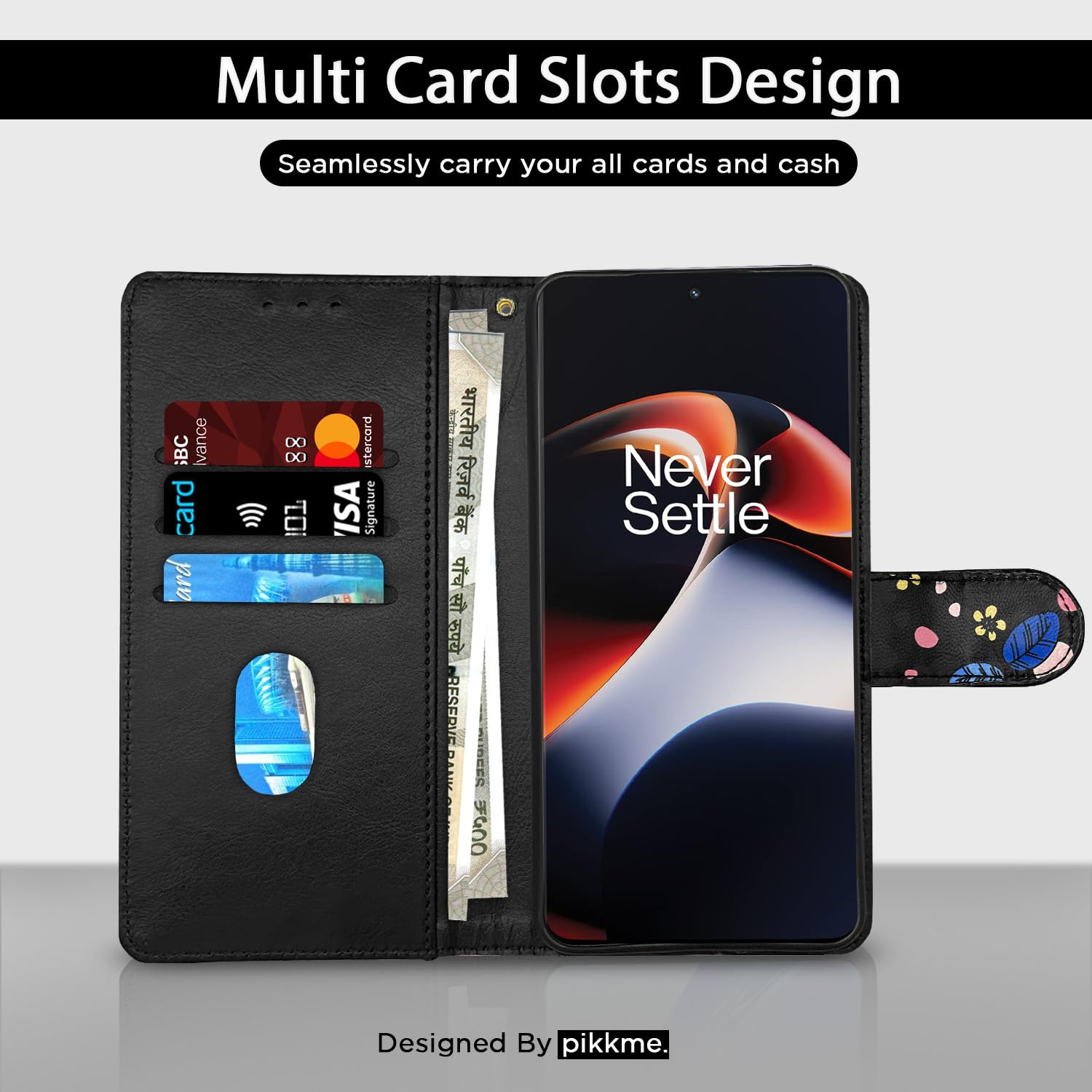 Pikkme OnePlus 11R 5G Wallet black flower flip cover – photo 3