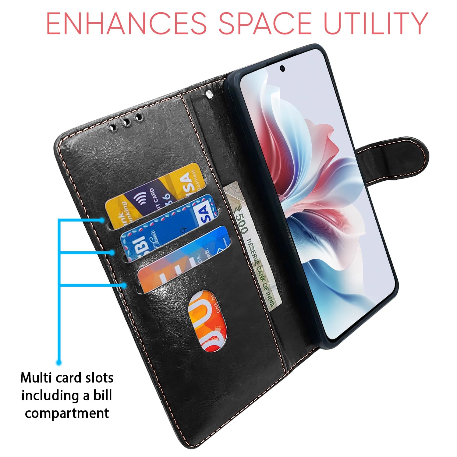 Pikkme Oppo F25 Pro 5G Contrast black & brown wallet flip cover – photo 4