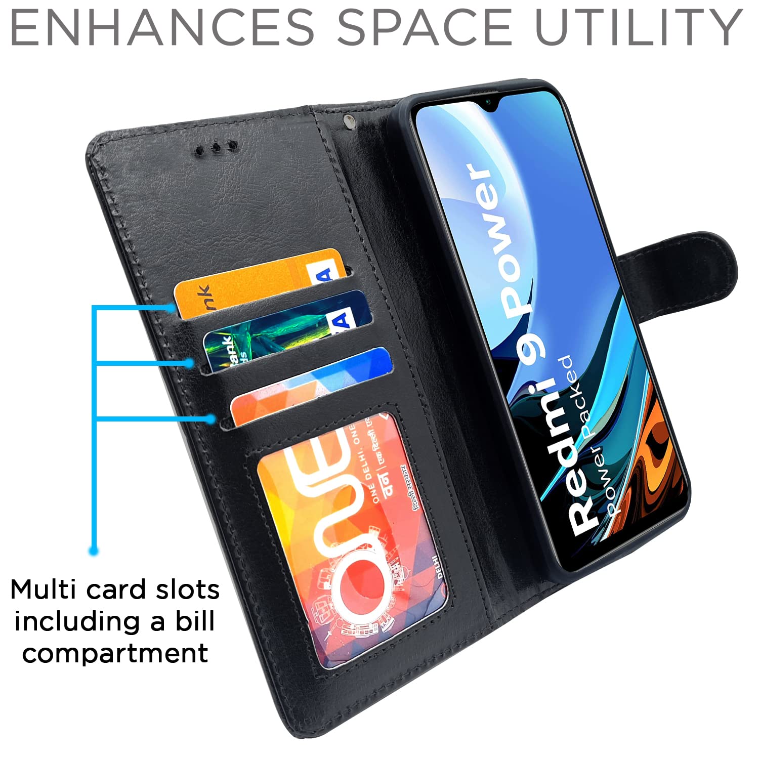 Pikkme Redmi 9 Power Vintage Flip Cover (Black)