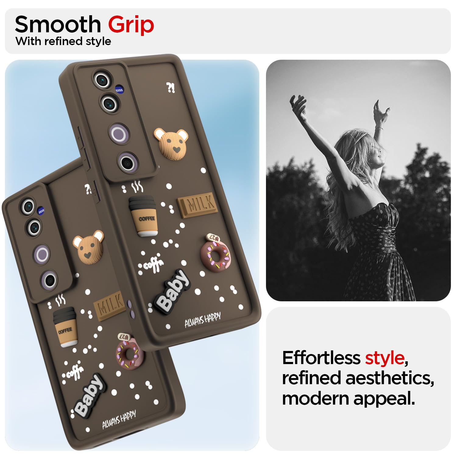 Pikkme Vivo V40 5G / V40 Pro 5G / T3 Ultra 5G Cute Fun Cartoon 3D Bear Coffee Back Cover (Brown)