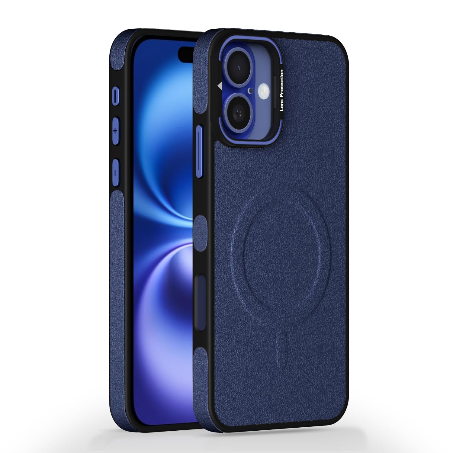 Pikkme iPhone 16 Pu Leather with Metal Frame Lens Protection Bumper Case (Blue)