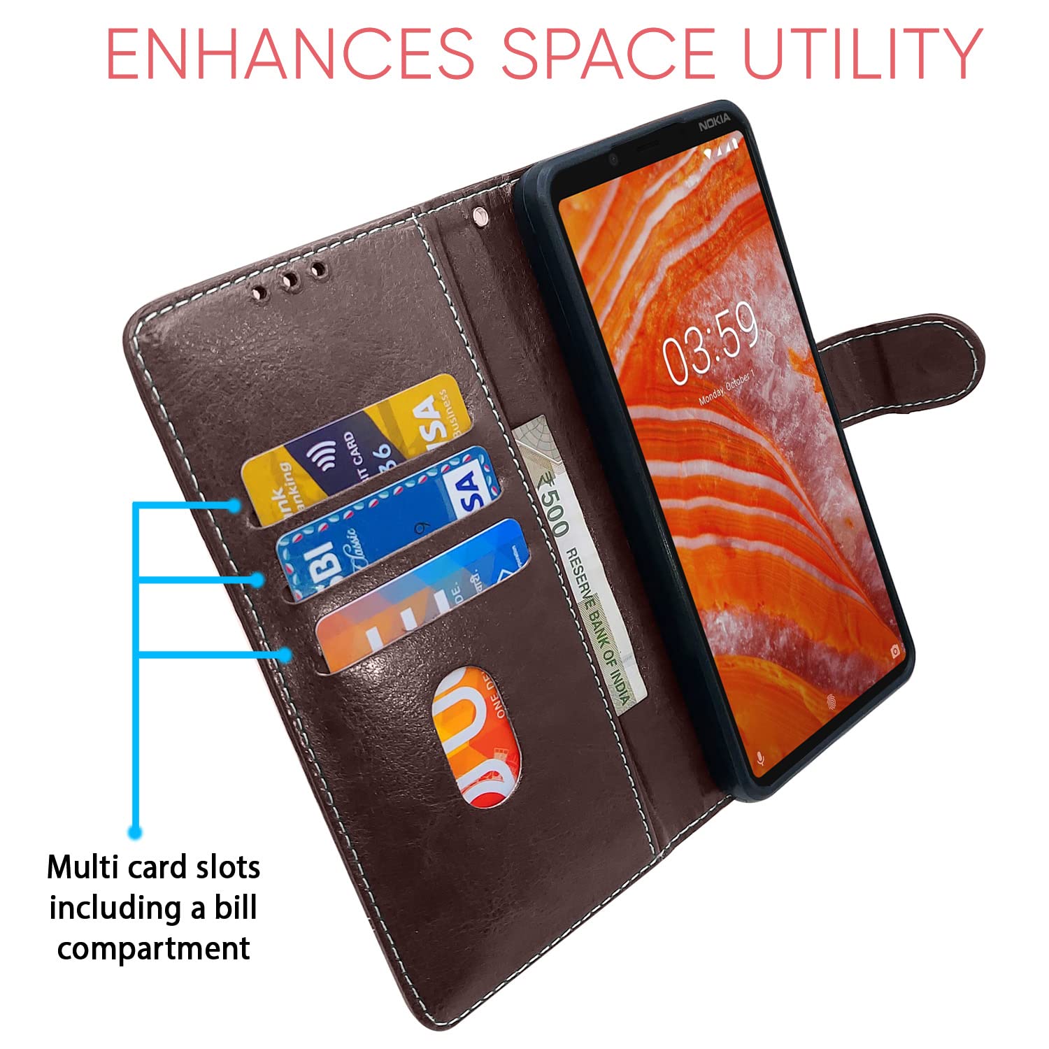 Pikkme coffee & brown Magnetic wallet flip cover for Nokia 3.1 Plus/3.1 – photo 3