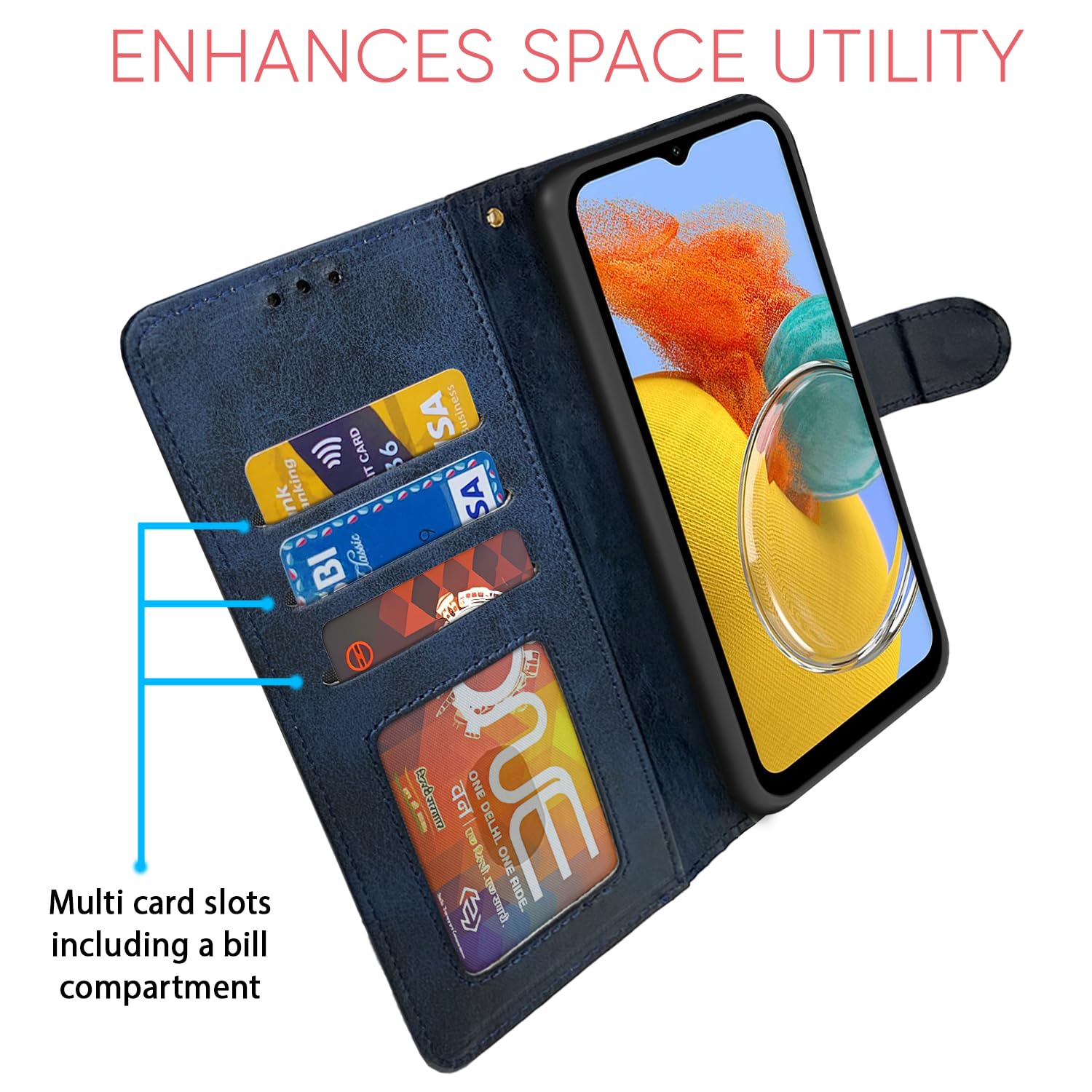 Pikkme Samsung Galaxy M14 5G Dual-Tone PU Leather Finish Magnetic Flip Cover (Navy Blue)