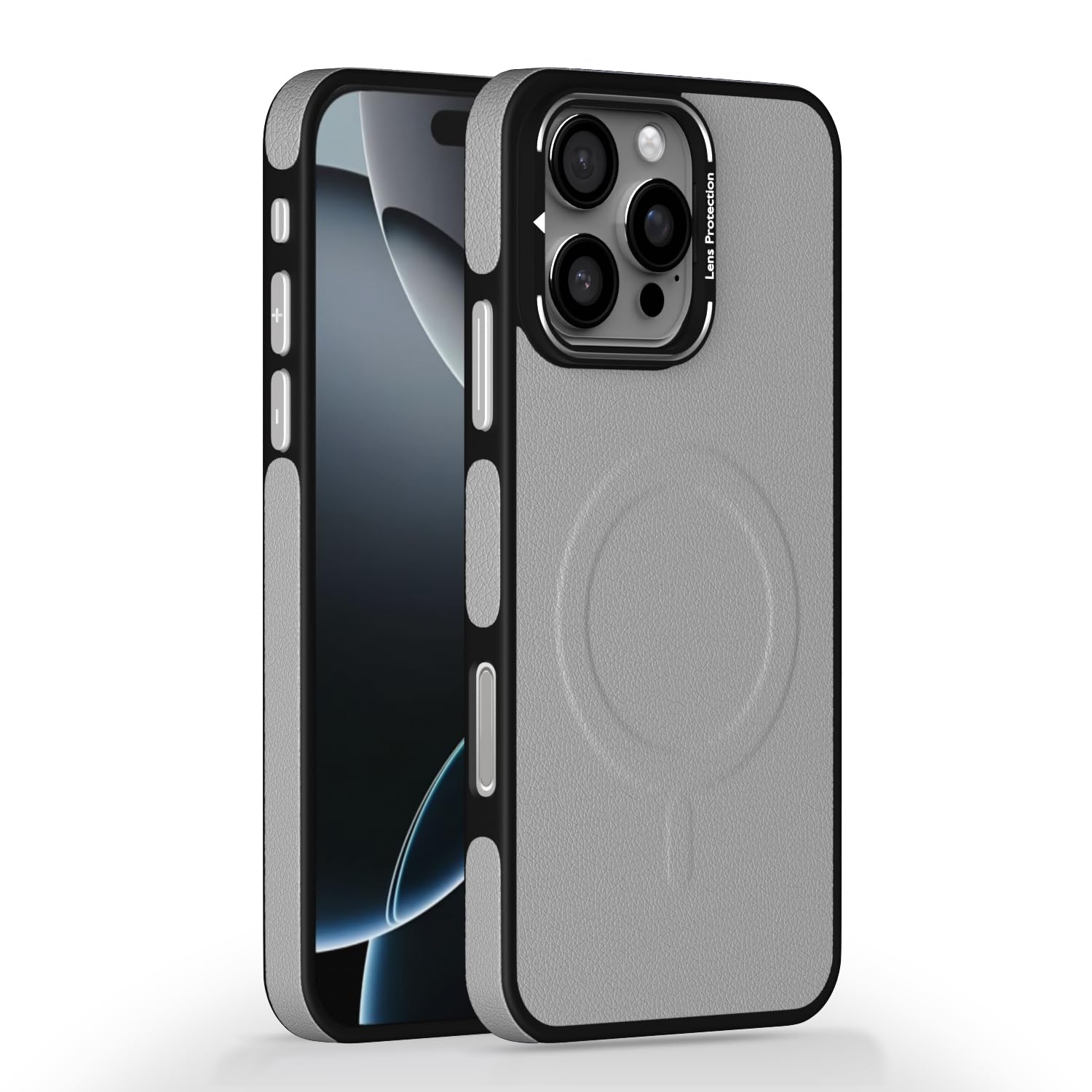 Pikkme iPhone 16 Pro Max Pu Leather with Metal Frame Lens Protection Bumper Case (Grey)