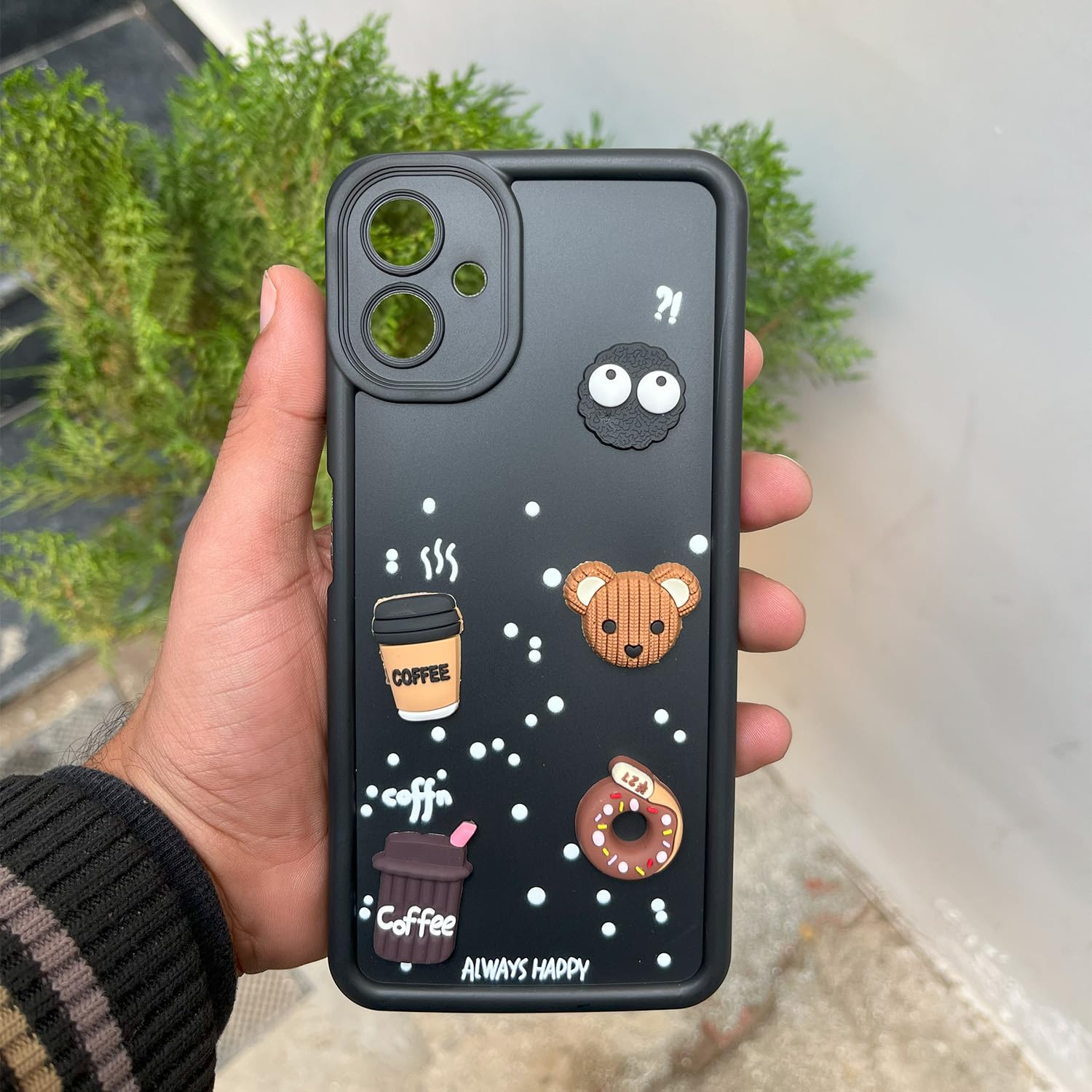 Pikkme Samsung Galaxy A06 Cute Fun Cartoon 3D Bear Coffee Back Cover (Black)