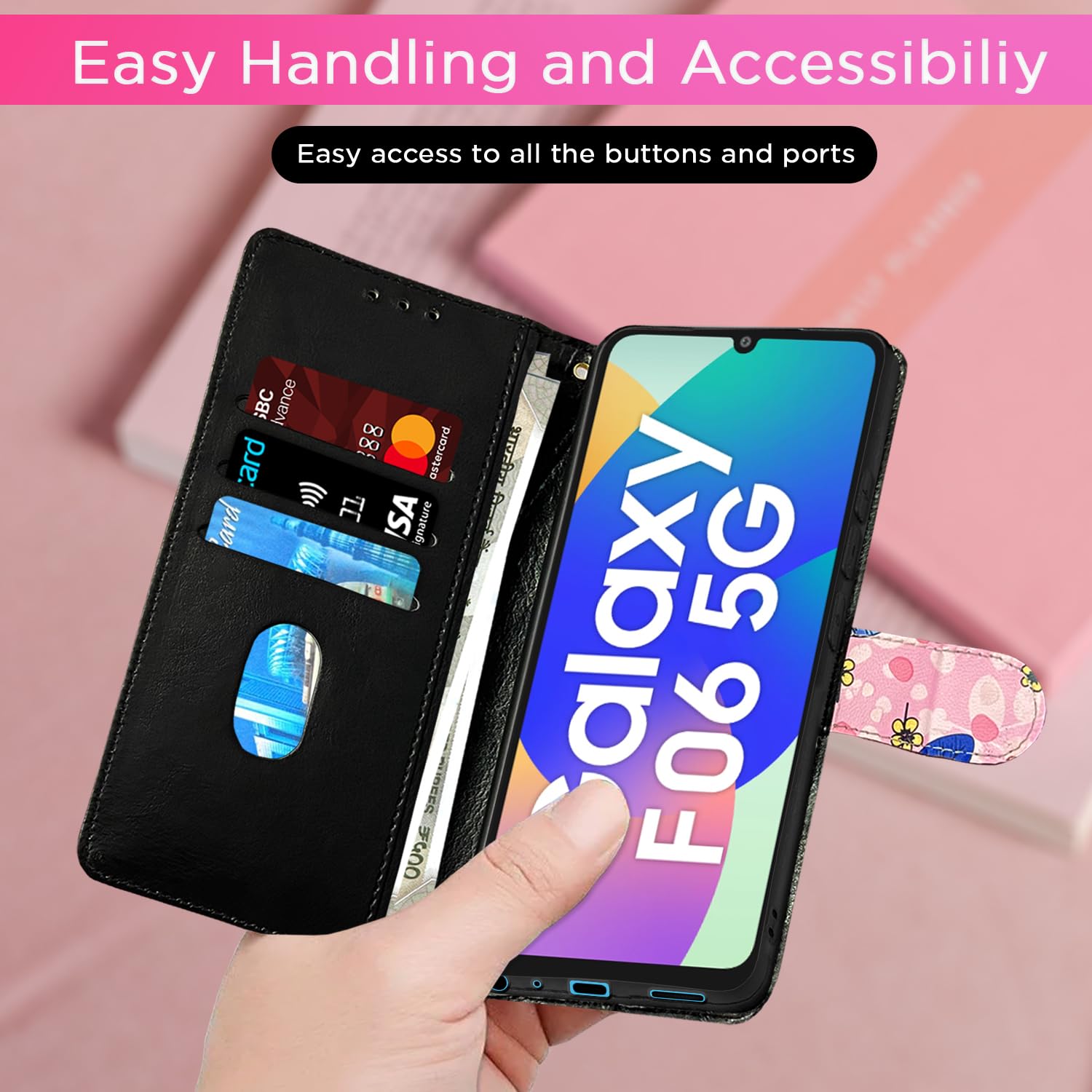 Samsung F06 5G Wallet flip cover in pink flower by Pikkme – photo 7
