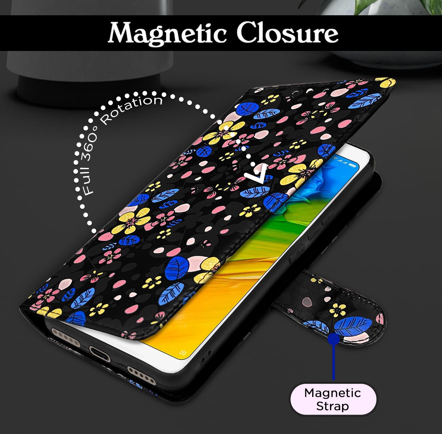 Pikkme black flower Wallet mobile flip cover for Redmi Note 5 – photo 2