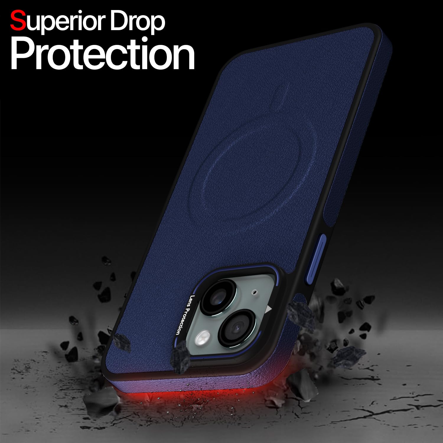 Pikkme iPhone 15 Pu Leather with Metal Frame Lens Protection Bumper Case (Blue)