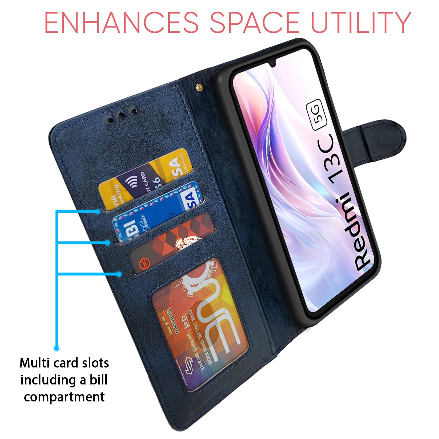 Pikkme Redmi 13C 5G Dual-Tone PU Leather Finish Magnetic Flip Cover (Navy & Light Blue)