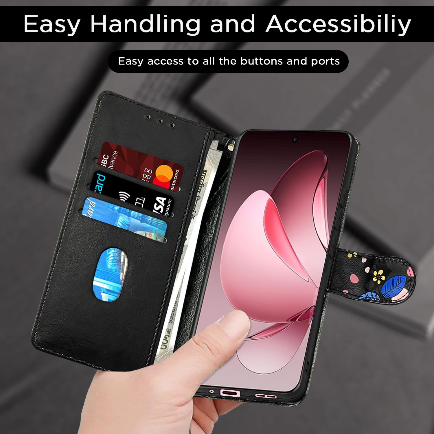 Pikkme Oppo Reno 13 Pro 5G black flower flip case – photo 7
