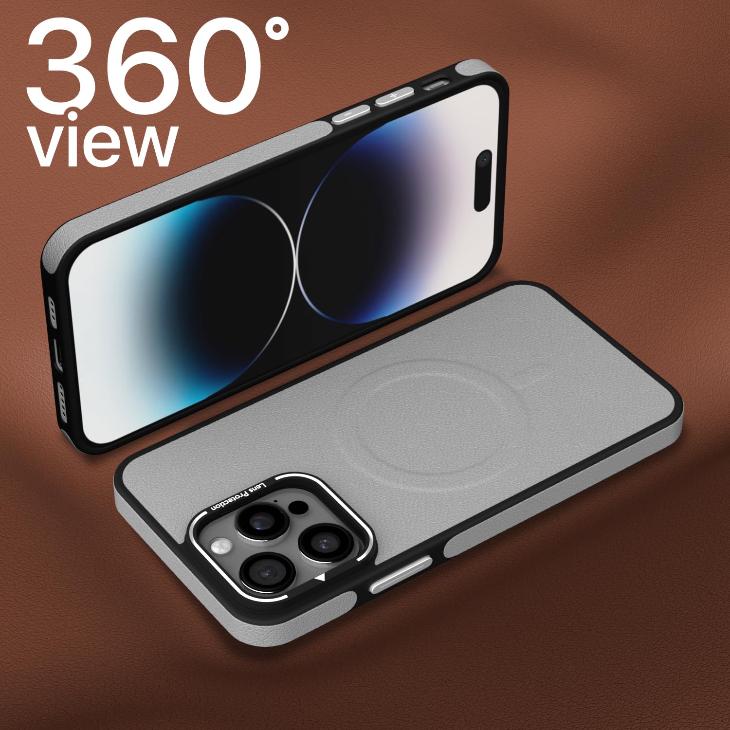 Pikkme iPhone 14 Pro Pu Leather with Metal Frame Lens Protection Bumper Case (Grey)