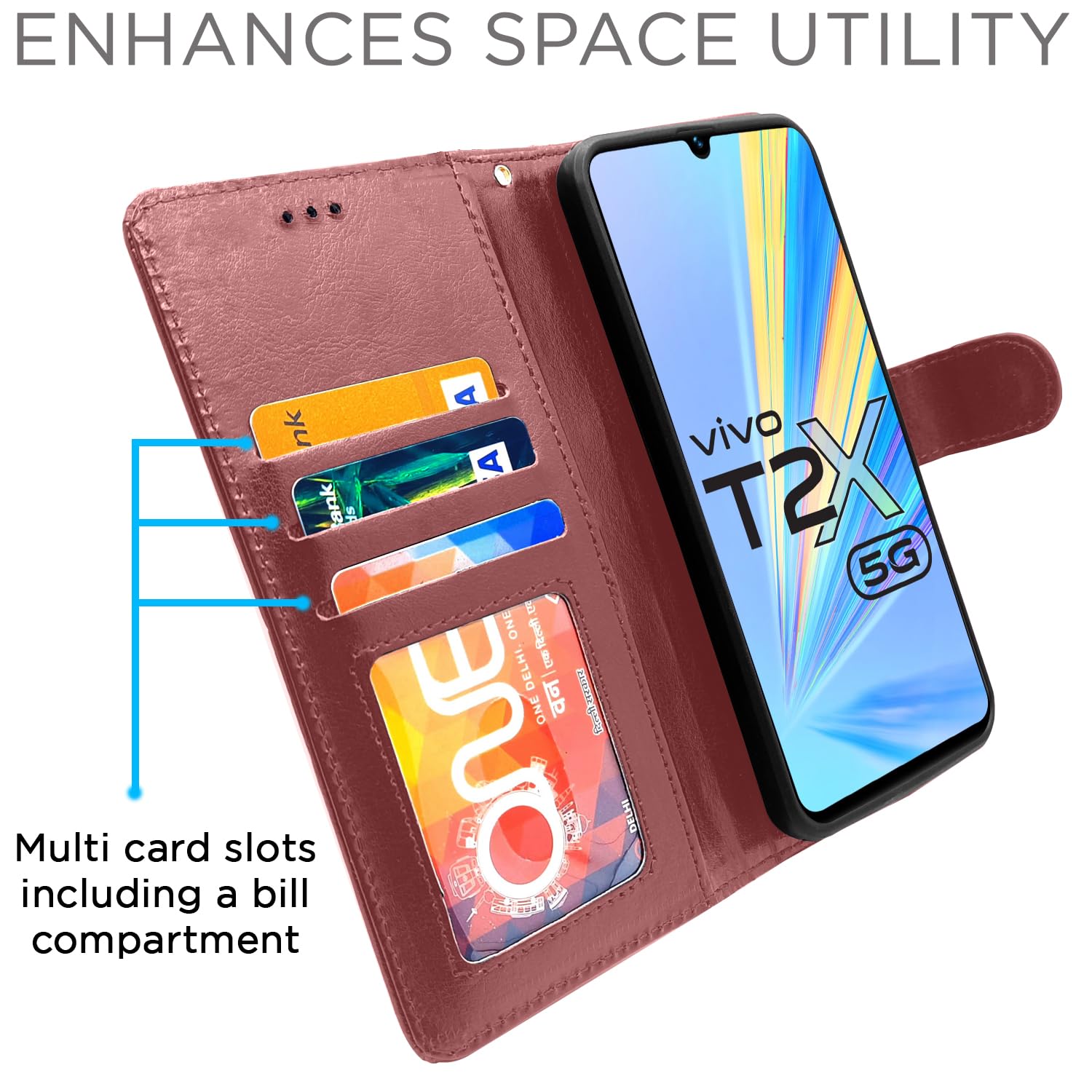 Vivo T2X/Y16/Y56 5G flip case in brown by Pikkme – photo 4