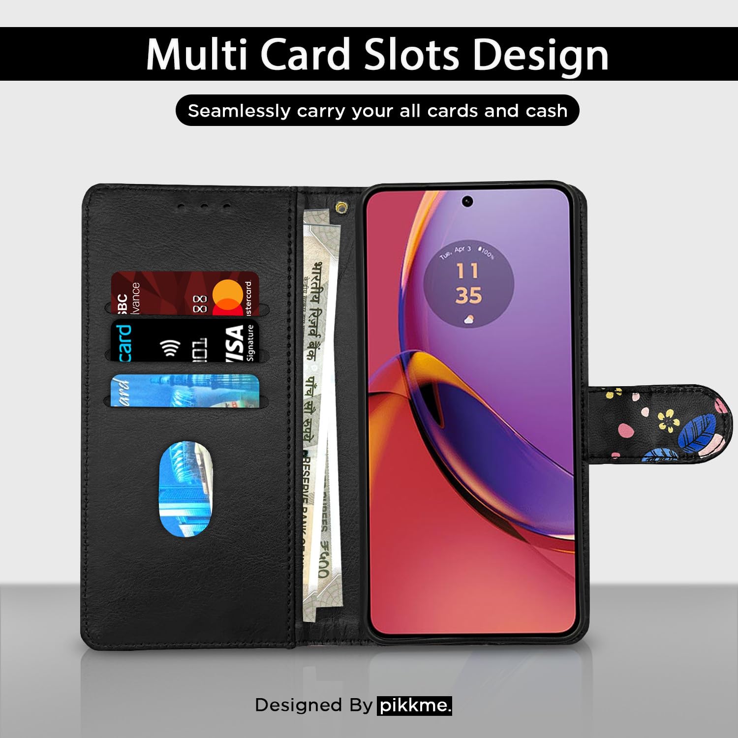 Black flower Wallet flip case for Moto G84 5G – Pikkme – photo 2