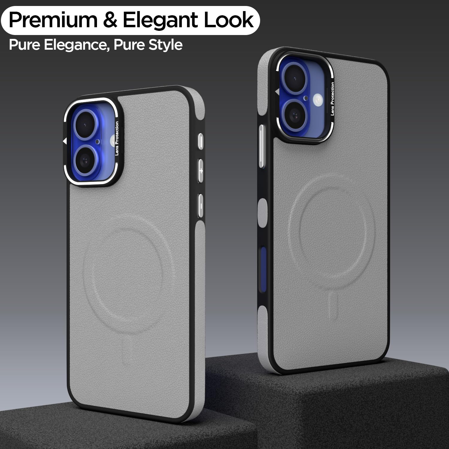 Pikkme iPhone 16 Pu Leather with Metal Frame Lens Protection Bumper Case (Grey)