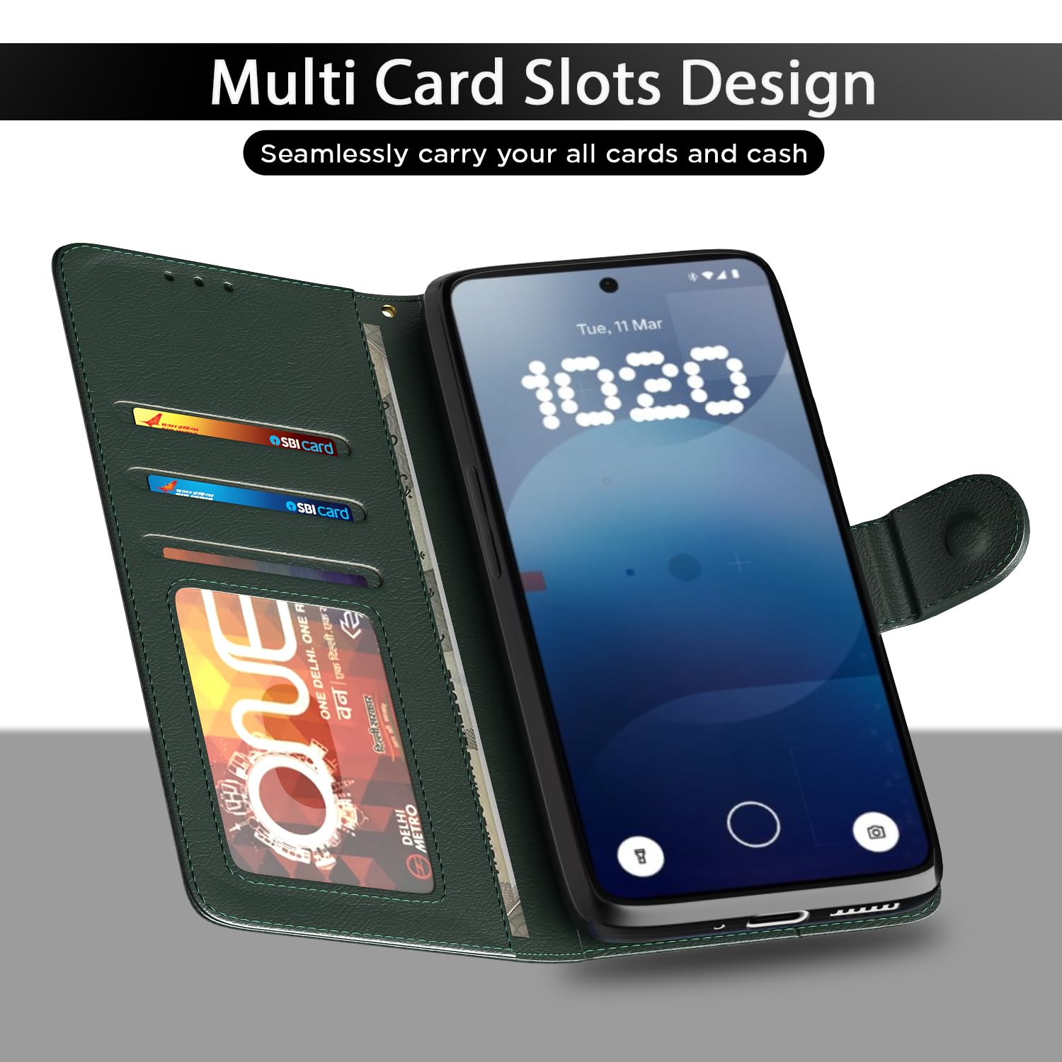 Pikkme Nothing Phone 3a 5G Vintage Flip Cover (Green)