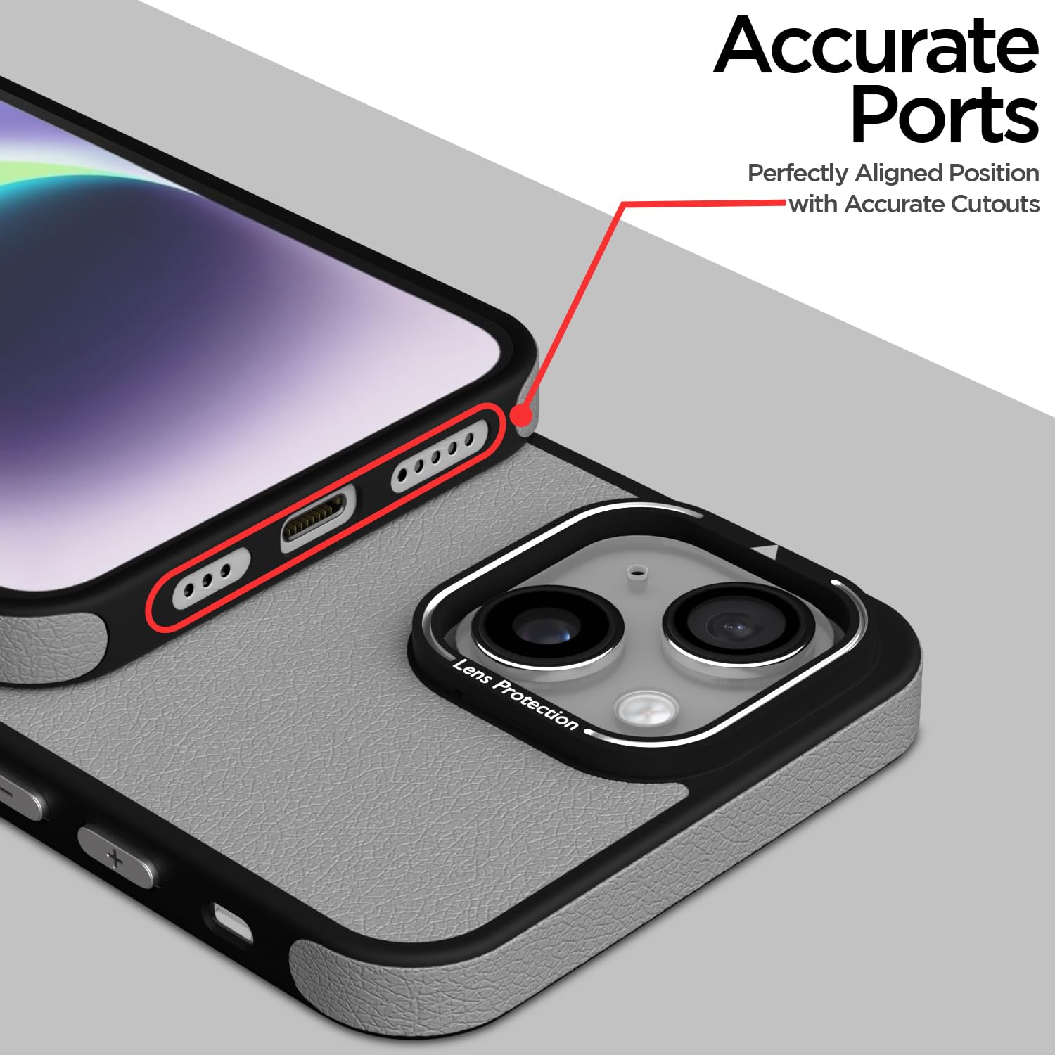 Pikkme iPhone 13 / iPhone 14 Pu Leather with Metal Frame Lens Protection Bumper Case (Grey)