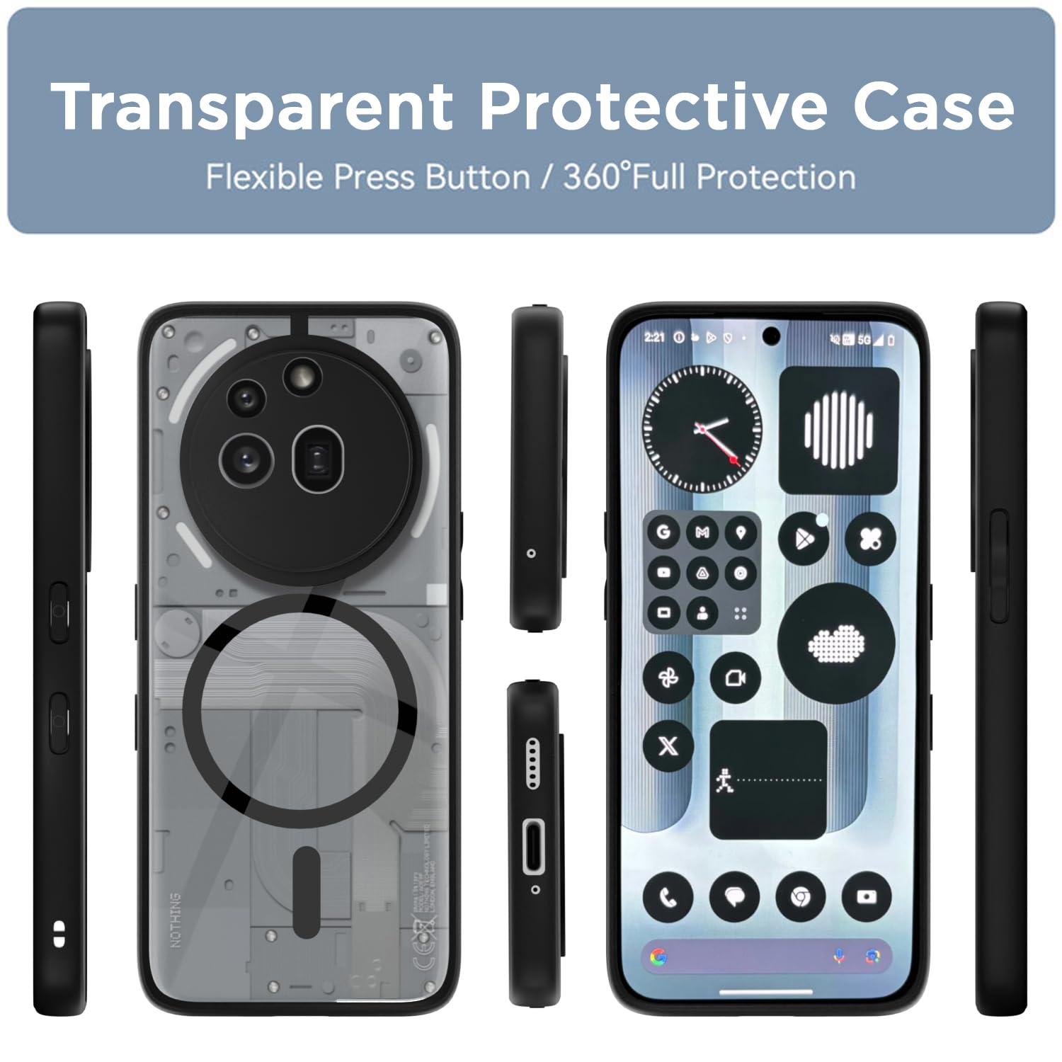 Pikkme Nothing Phone 3a Pro 5G Eagle 2 Mag-Safe Shockproof Hard Transparent Back Cover (Black)