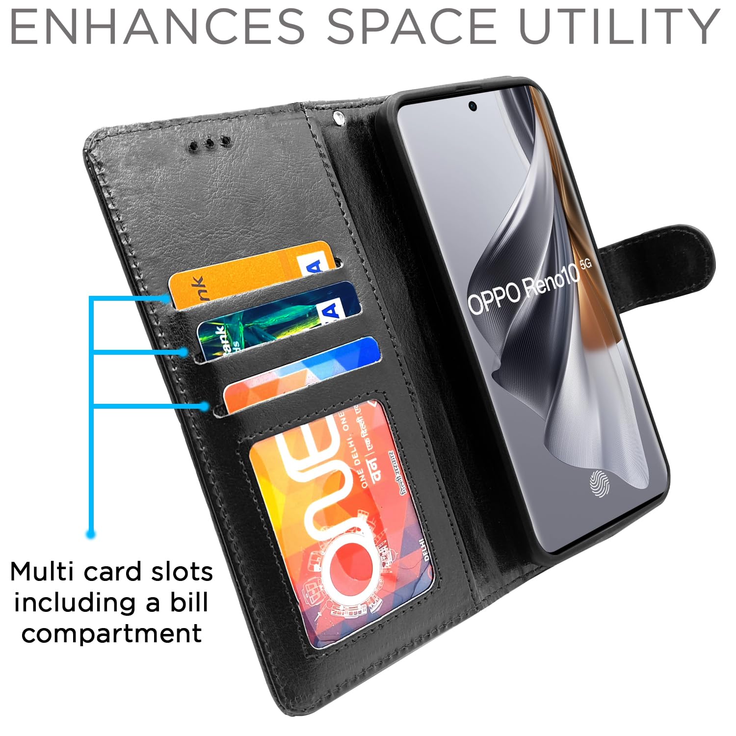 Oppo Reno 10 5G Wallet mobile flip cover in black by Pikkme – photo 3