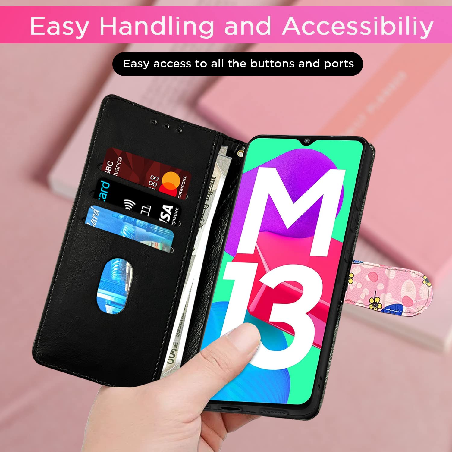 Pikkme Samsung Galaxy M13 4G Flower Flip Cover (Pink)