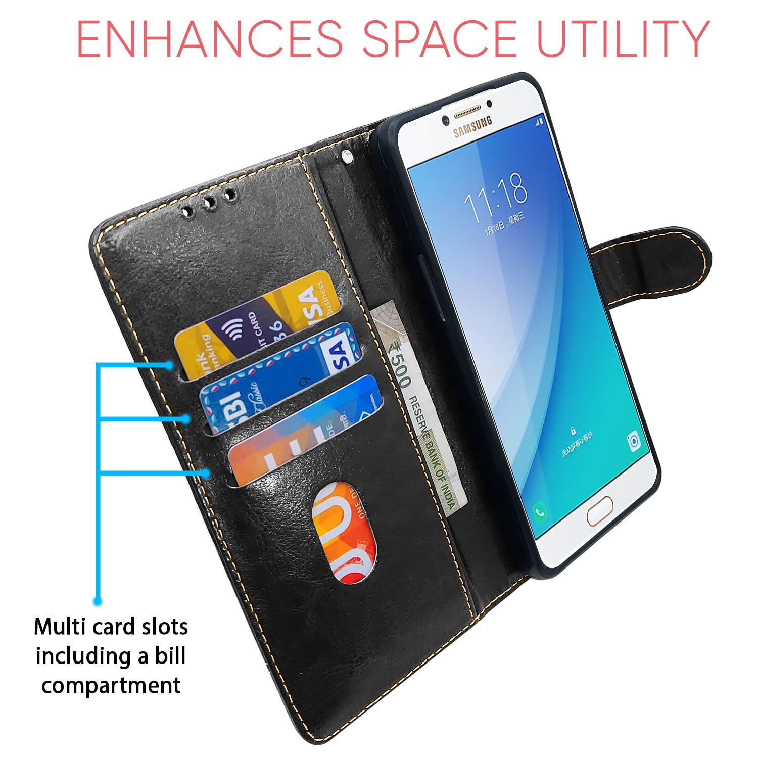 Black & brown Magnetic wallet flip cover for Samsung C7 Pro – Pikkme – photo 3
