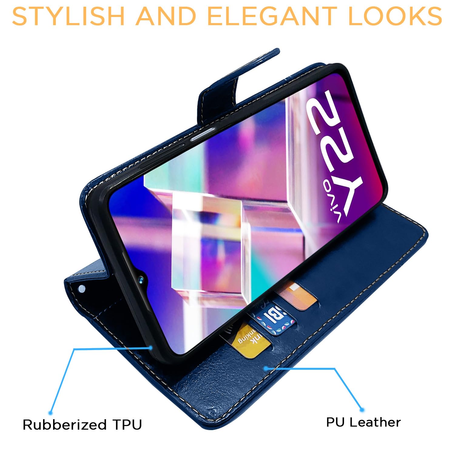Vivo Y22 Magnetic mobile flip cover in blue & brown by Pikkme – photo 5