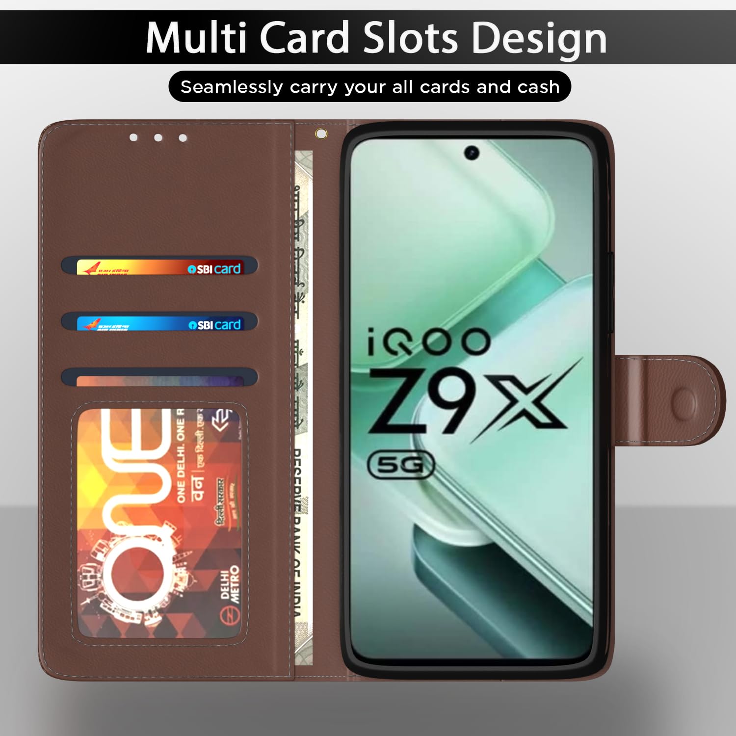 Tan wallet flip cover for iQOO Z9x 5G – Pikkme – photo 5