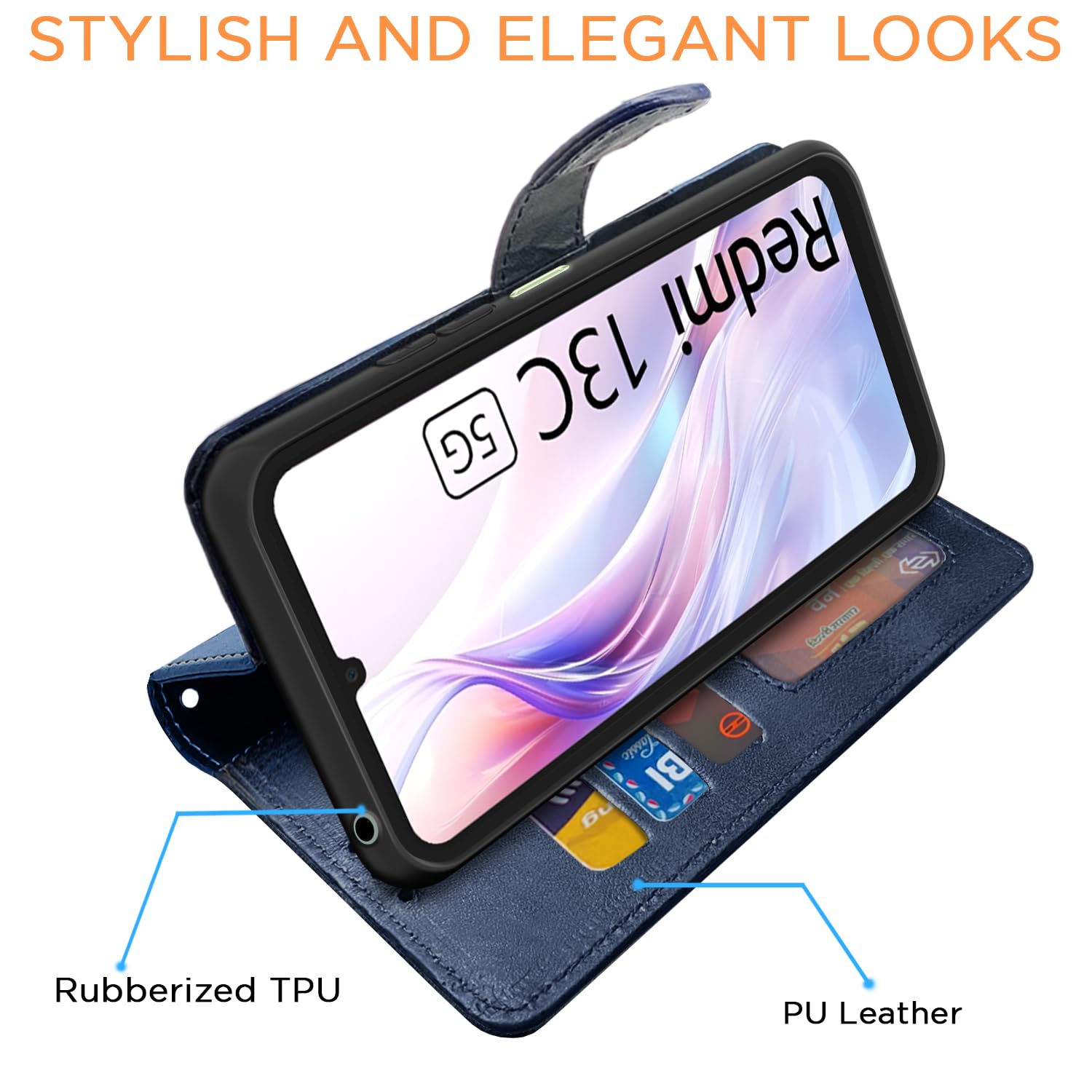 Pikkme Redmi 13C 5G Dual-Tone PU Leather Finish Magnetic Flip Cover (Navy & Light Blue)