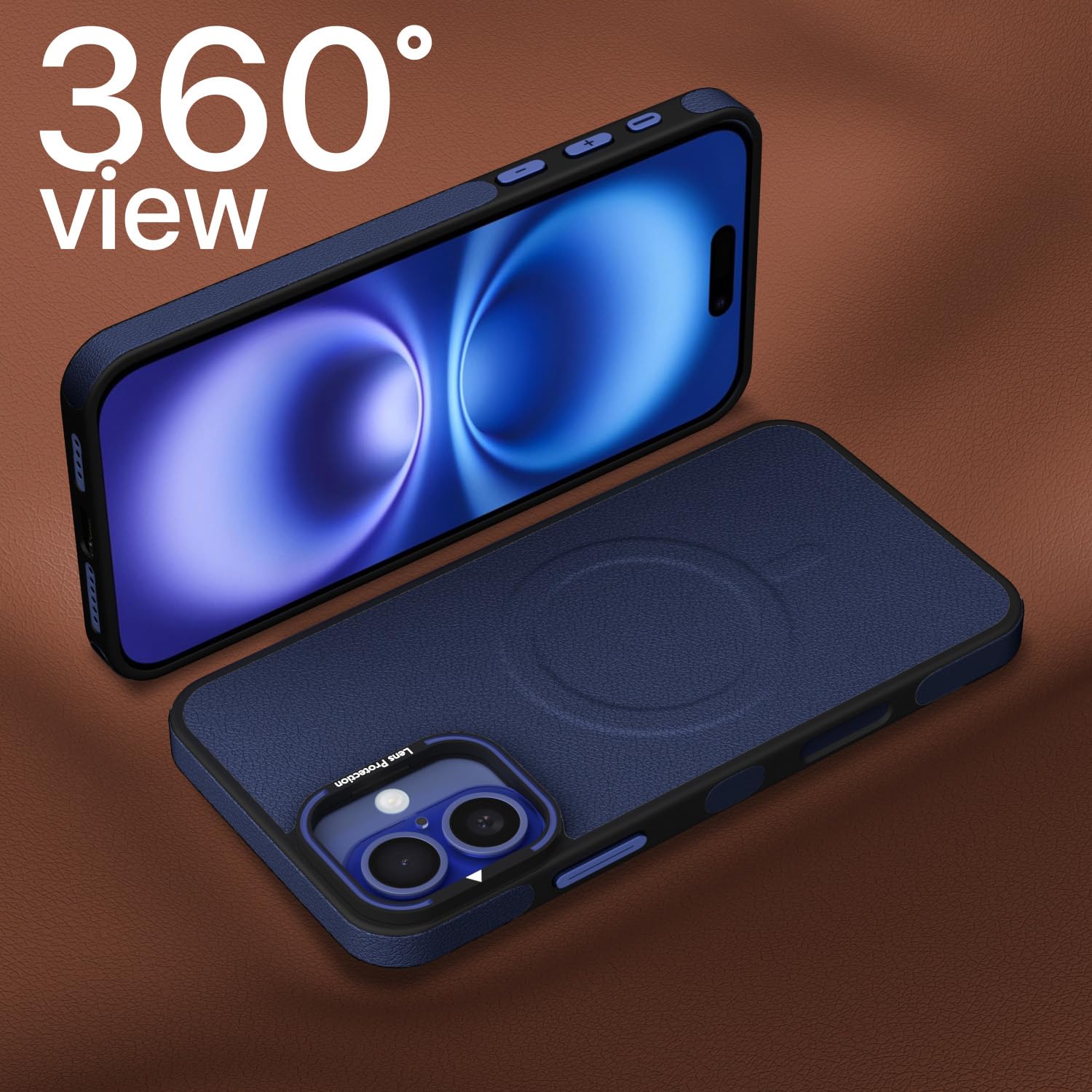 Pikkme iPhone 16 Plus Pu Leather with Metal Frame Lens Protection Bumper Case (Blue)