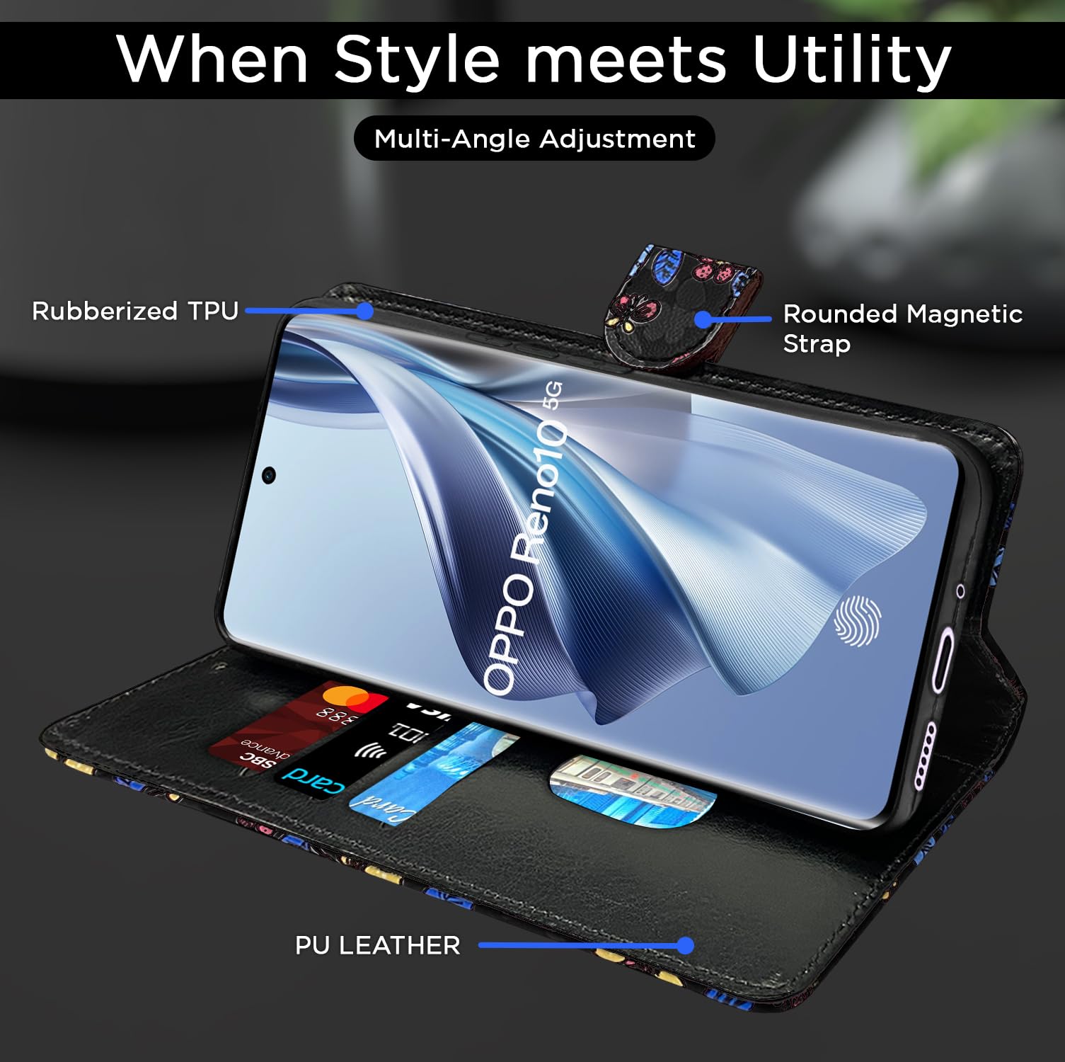 Pikkme black flower Wallet wallet flip cover for Oppo Reno 10 5G – photo 5