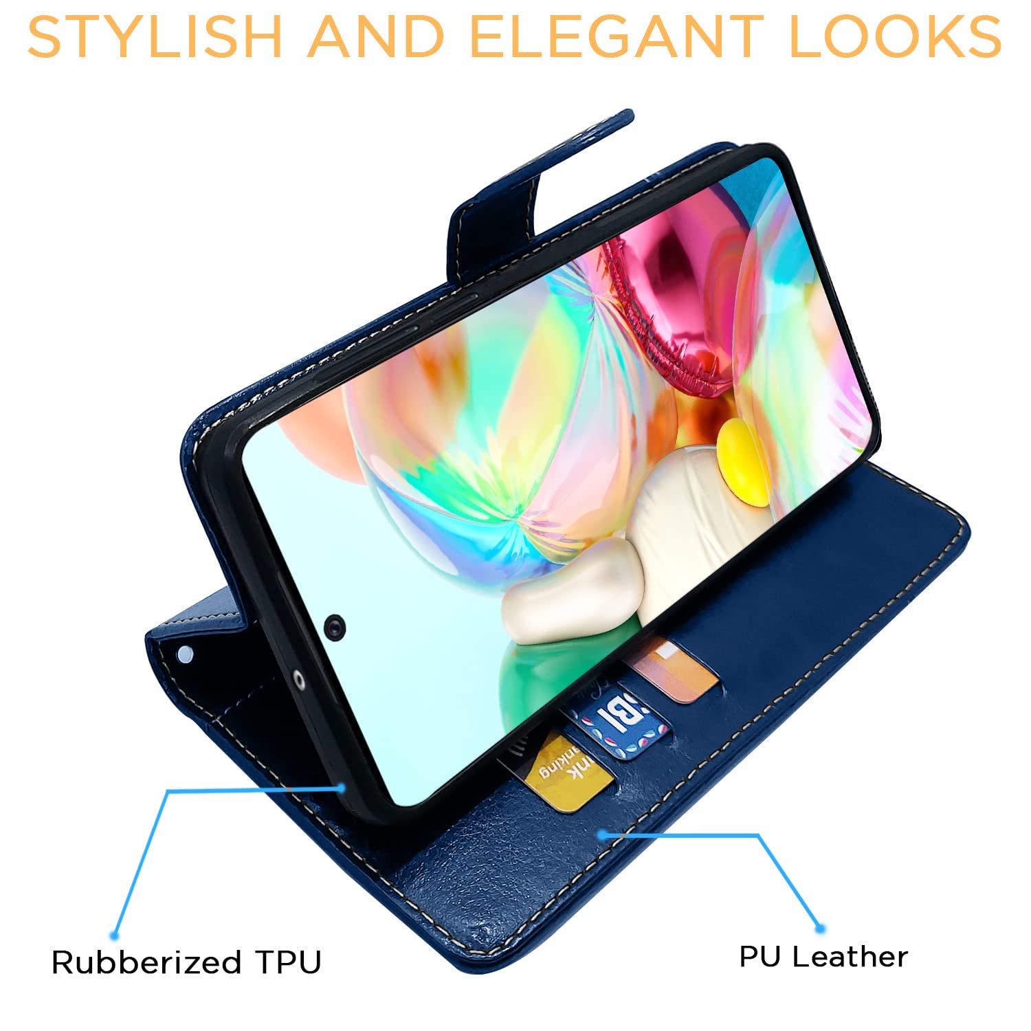 Pikkme Samsung Galaxy A71 Contrast Premium Leather Magnetic Flip Cover (Blue & Brown)