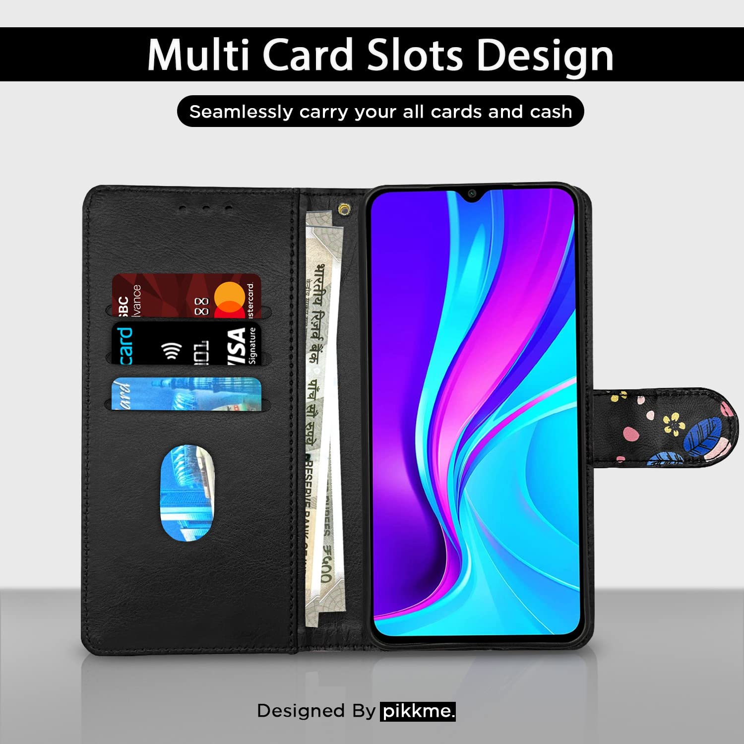 Pikkme Mi Redmi 10A / 10A Sport/Redmi 9 / Redmi 9 Activ / 9C / Poco C31 Flower Flip Cover (Black)