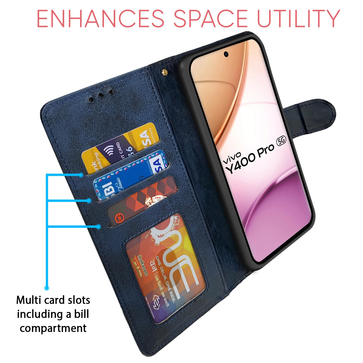 Pikkme Vivo Y400 Pro 5G Dual-Tone PU Leather Finish Magnetic Flip Cover (Navy & Light Blue)
