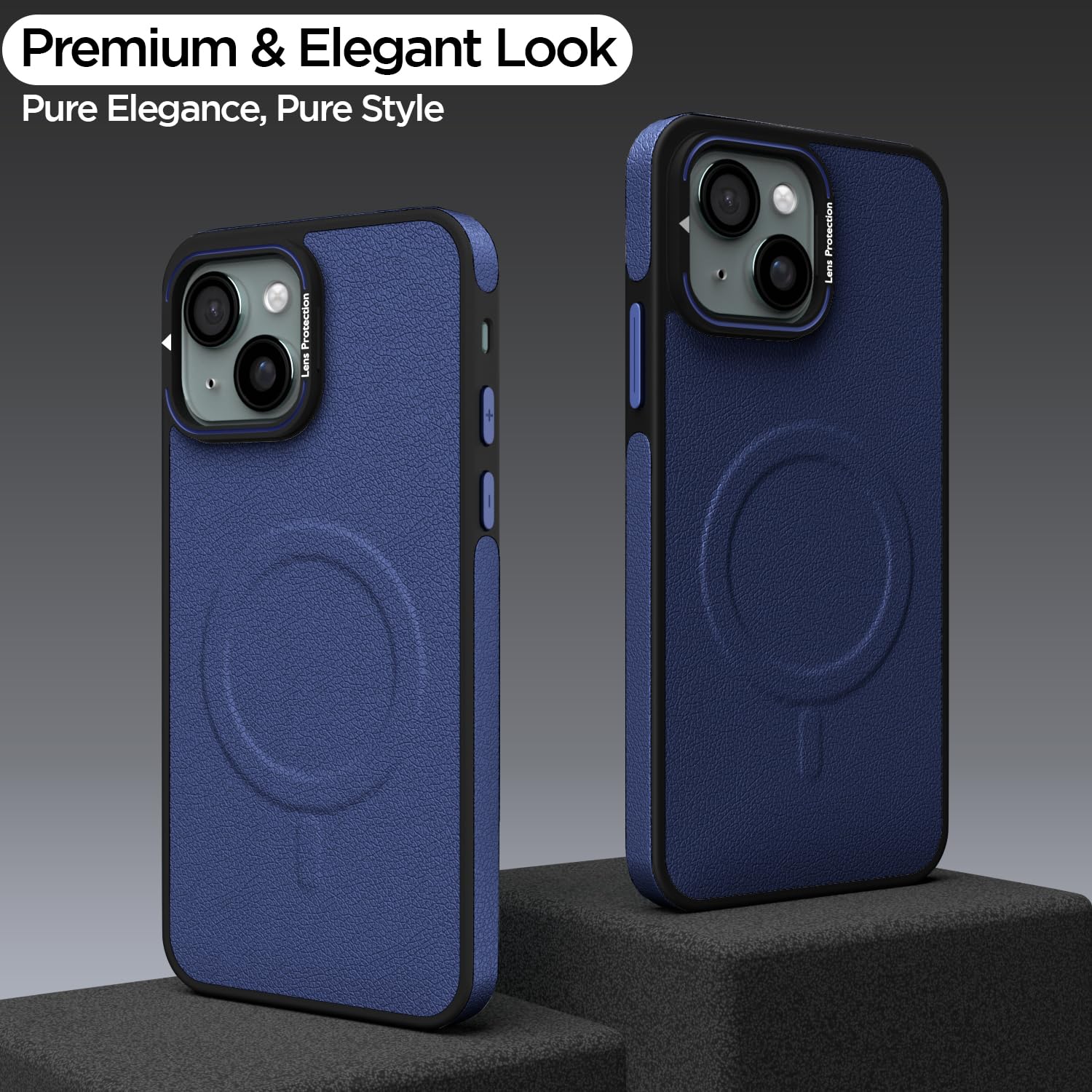 Pikkme iPhone 15 Pu Leather with Metal Frame Lens Protection Bumper Case (Blue)