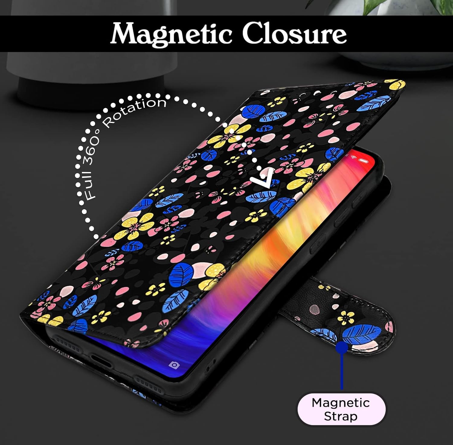 Pikkme Redmi Note 7 / Note 7 Pro/Note 7s Flower Flip Cover (Black)