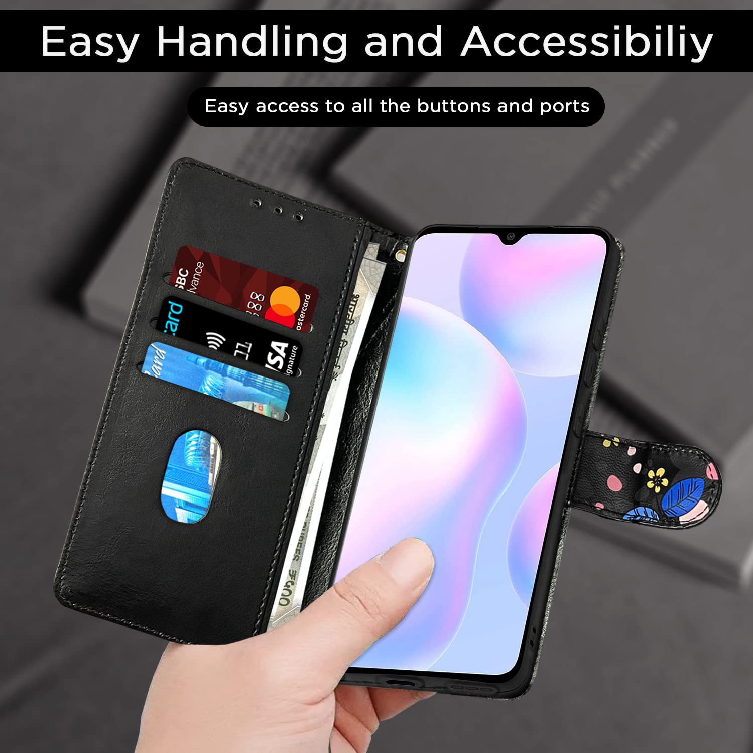Pikkme Redmi 9A / 9A Sport / 9i / 9i Sport Flower Flip Cover (Black)