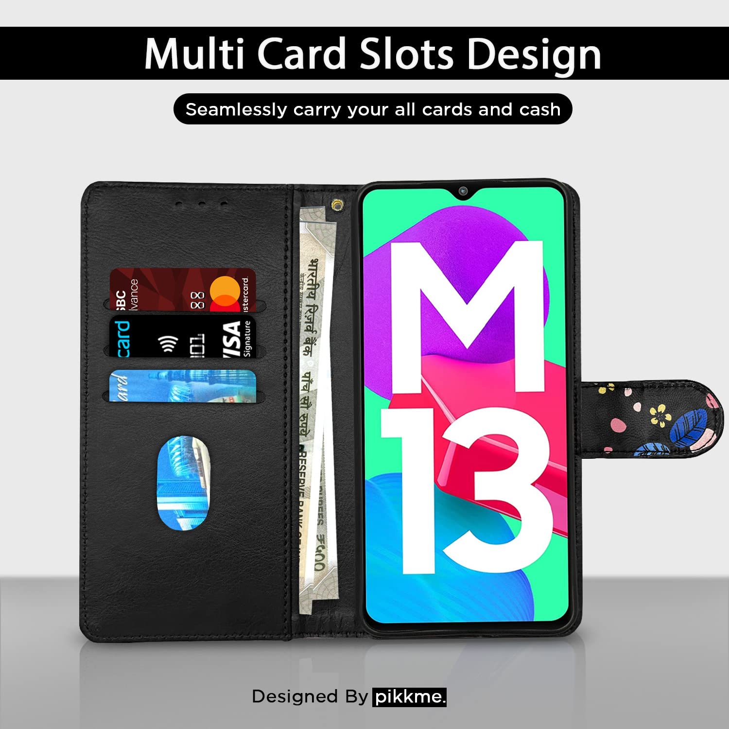 Pikkme Samsung Galaxy M13 4G Flower Flip Cover (Black)