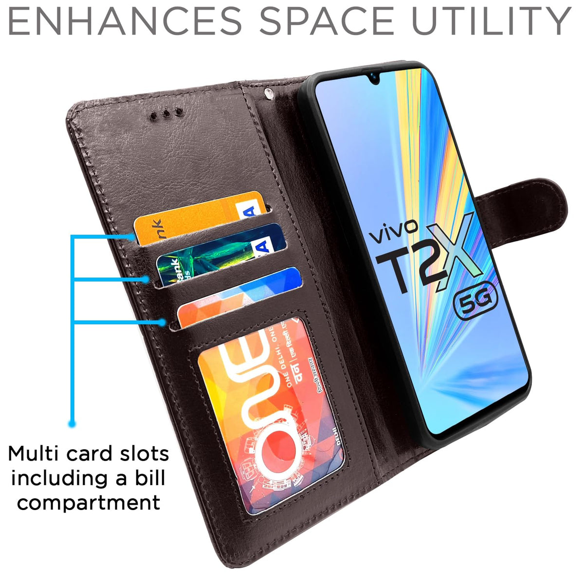 Vivo T2X/Y16/Y56 5G Wallet flip case in coffee by Pikkme – photo 4