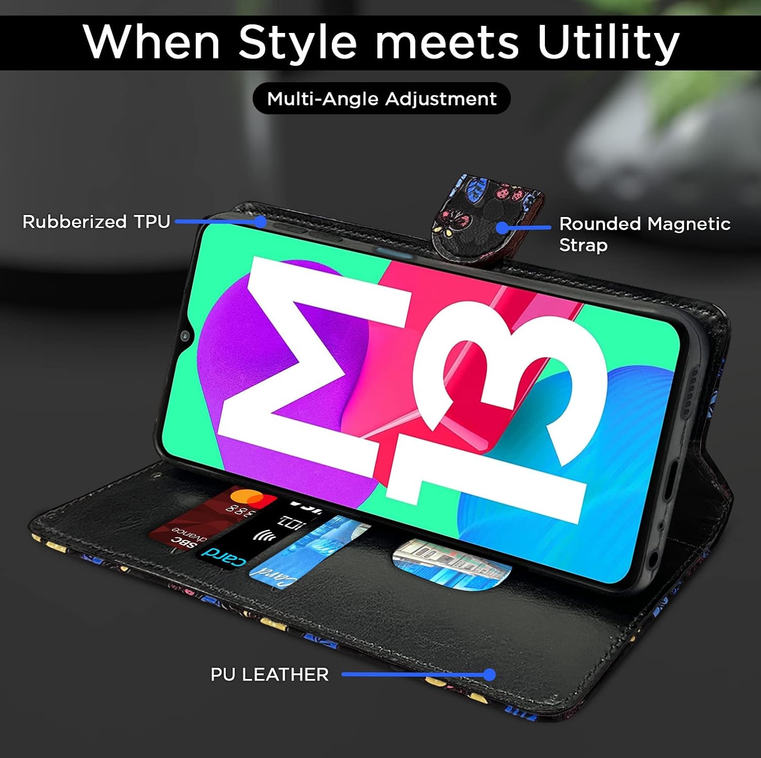 Pikkme Samsung Galaxy M13 4G Flower Flip Cover (Black)